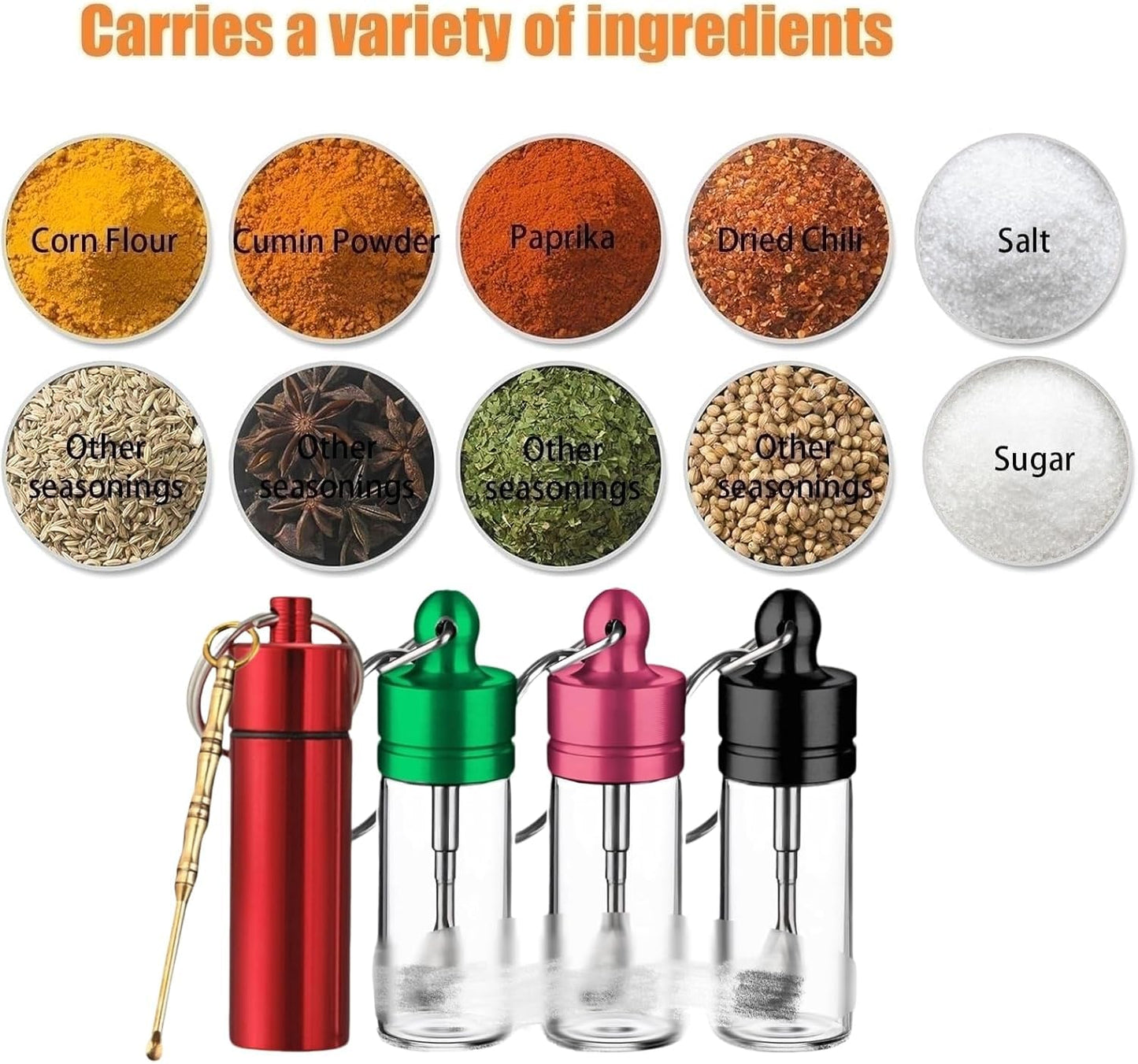 4 Pack Mini Glass travel spice containers, Waterproof Leak-Proof Keychain Seasoning Containers, Portable Small Storage Jars for Kitchen, Travel, Office, Camping & Outdoor Use