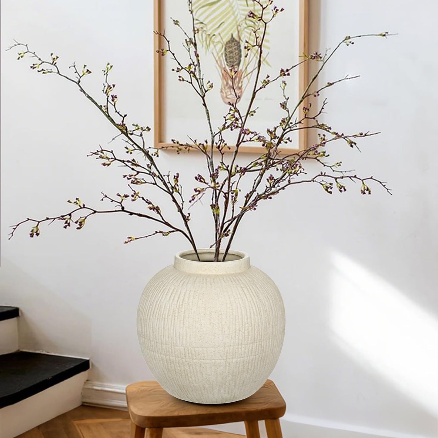 9" Large Rustic Vase with Linear Sculpture and Rich Sand Texture, Round Ceramic Vase with Wide Belly for Space Filling Decor, Retro Style & Beige White