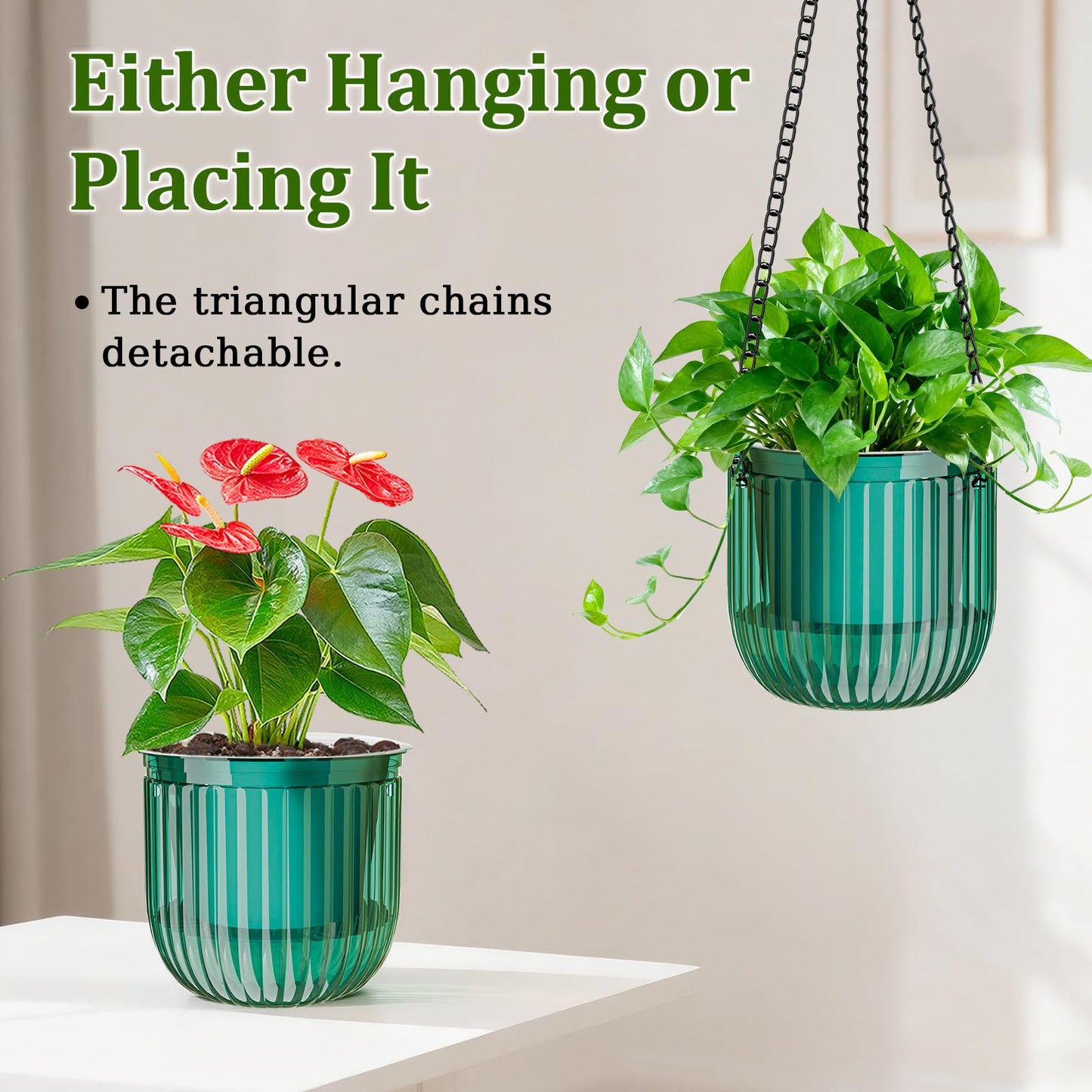 Halatool 2 Pack 6.5 Inch Self-Watering Hanging Planters for Plants, Indoor Hanging Flower Pots for Garden Home Wall Decor, Green