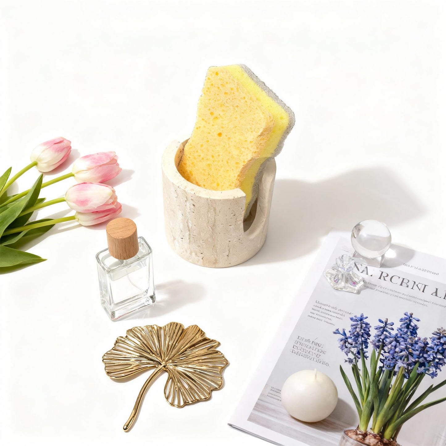 Axiqunel Natural Travertine Sponge Holder for Kitchen Counter, Natural Stone Dish Drying Rack, Durable & Stylish Kitchen Decor