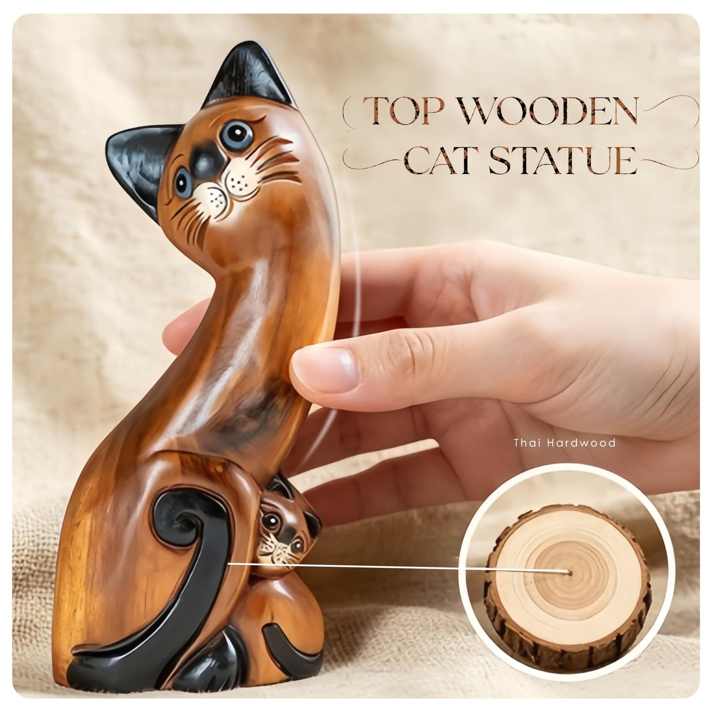 FENGSHUI-CAISHEN Top Wooden Cat Statue & Figurine, Kitten Decor, Kitty Sculpture, Cat Home Office Desk Decor