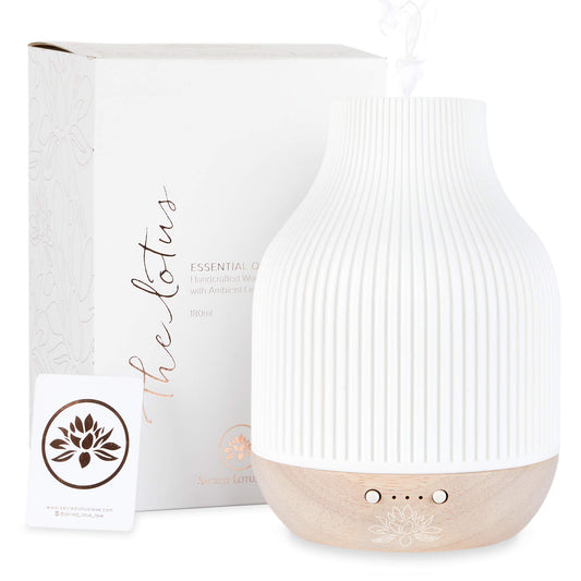 Sacred Lotus Love Ceramic Essential Oil Diffuser – Ultrasonic Aroma Diffuser with Wood Base, Ambient LED Light and Timer Settings