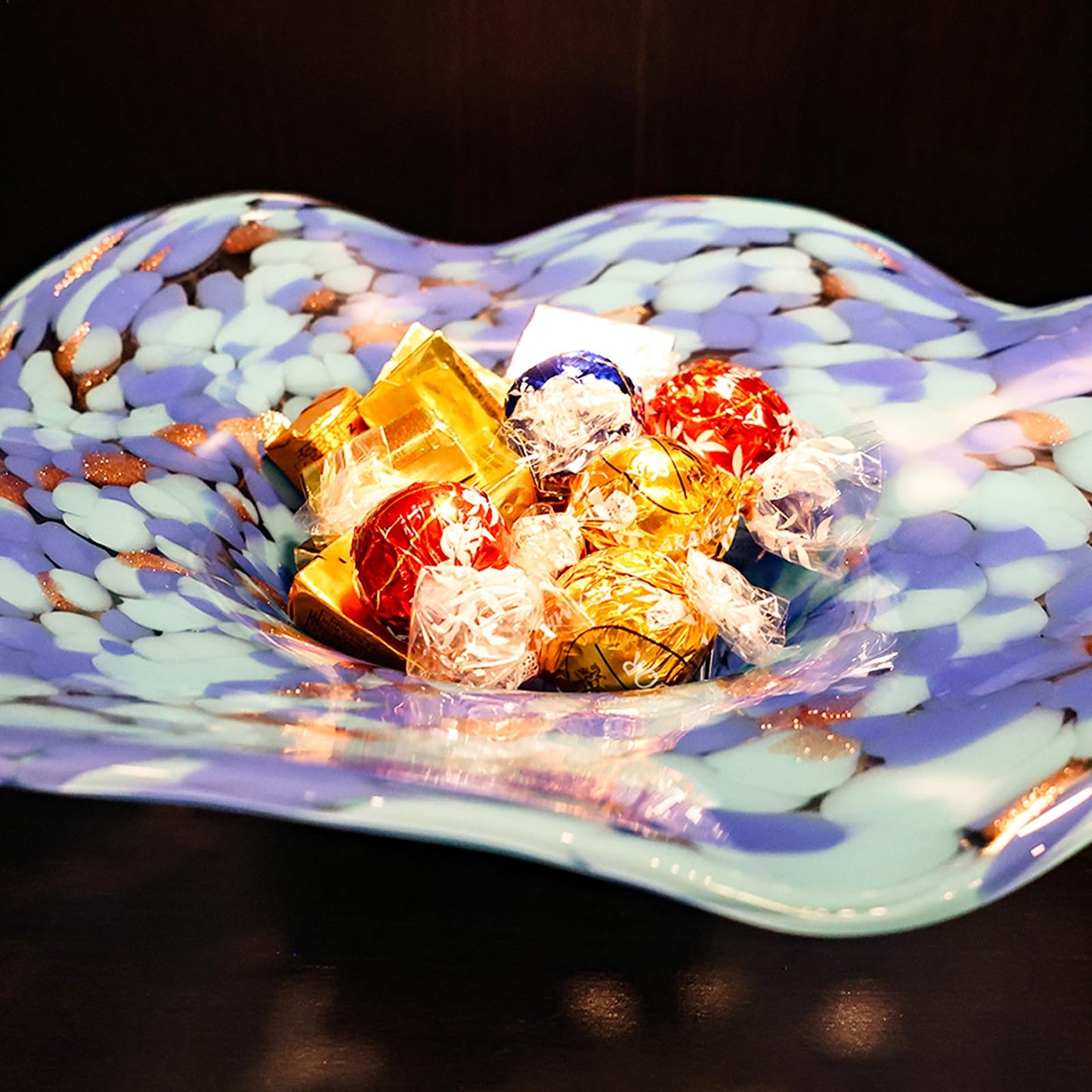 ORRFIDDY Hand Blown Murano-style Art Glass Bowl, 10.2-Inch Large Decorative Centerpiece for Table, Cobalt Blue Fruit Display & Kitchen Counter Decor