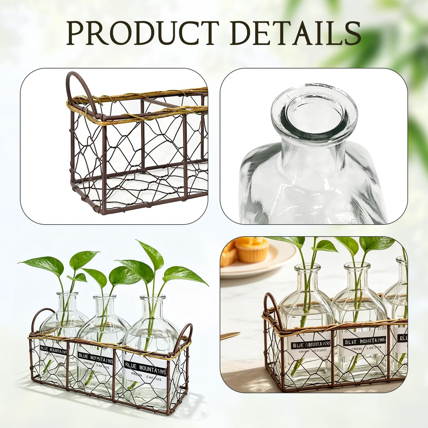Plant Propagation Stations with Metal Stand, Willow-Woven Wire Mesh Retro Glass Planter for Hydroponic Propagating, Desktop Terrarium Flower Vase for Home Kitchen Office Decor Gifts, 3 Jars