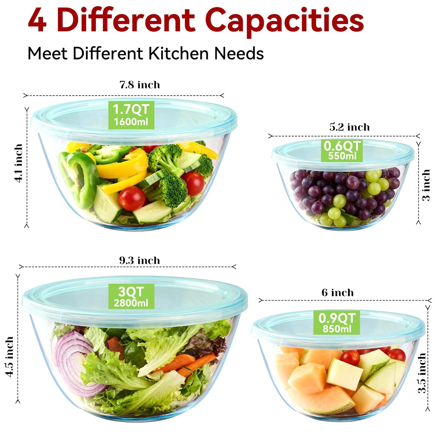 YUANYE 4 Pack Glass Mixing Bowls with Lids Set (3QT/1.7/0.9/0.6QT),Thick Glass Large Salad Bowl Set, Nesting Kitchen Bowls for Serving, Prepping, Cooking and Baking, Dishwasher, Oven,Microwave Safe