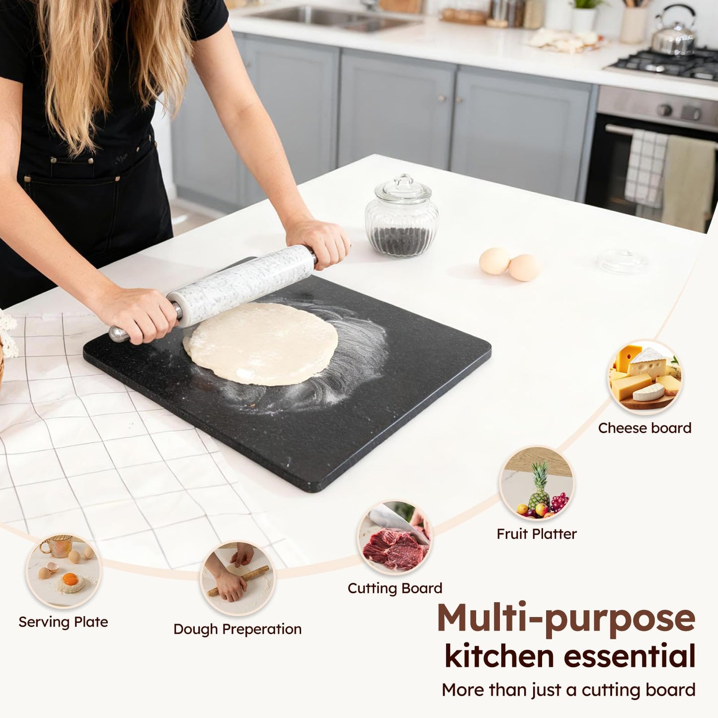 Diflart Natural Stone Cutting Board for Kitchen, 16x16 Inch, Black, Granite Slab Pastry Board Large with Non-Slip Feet for Backing, Cheese, Chocolate, Pack of 1 Piece