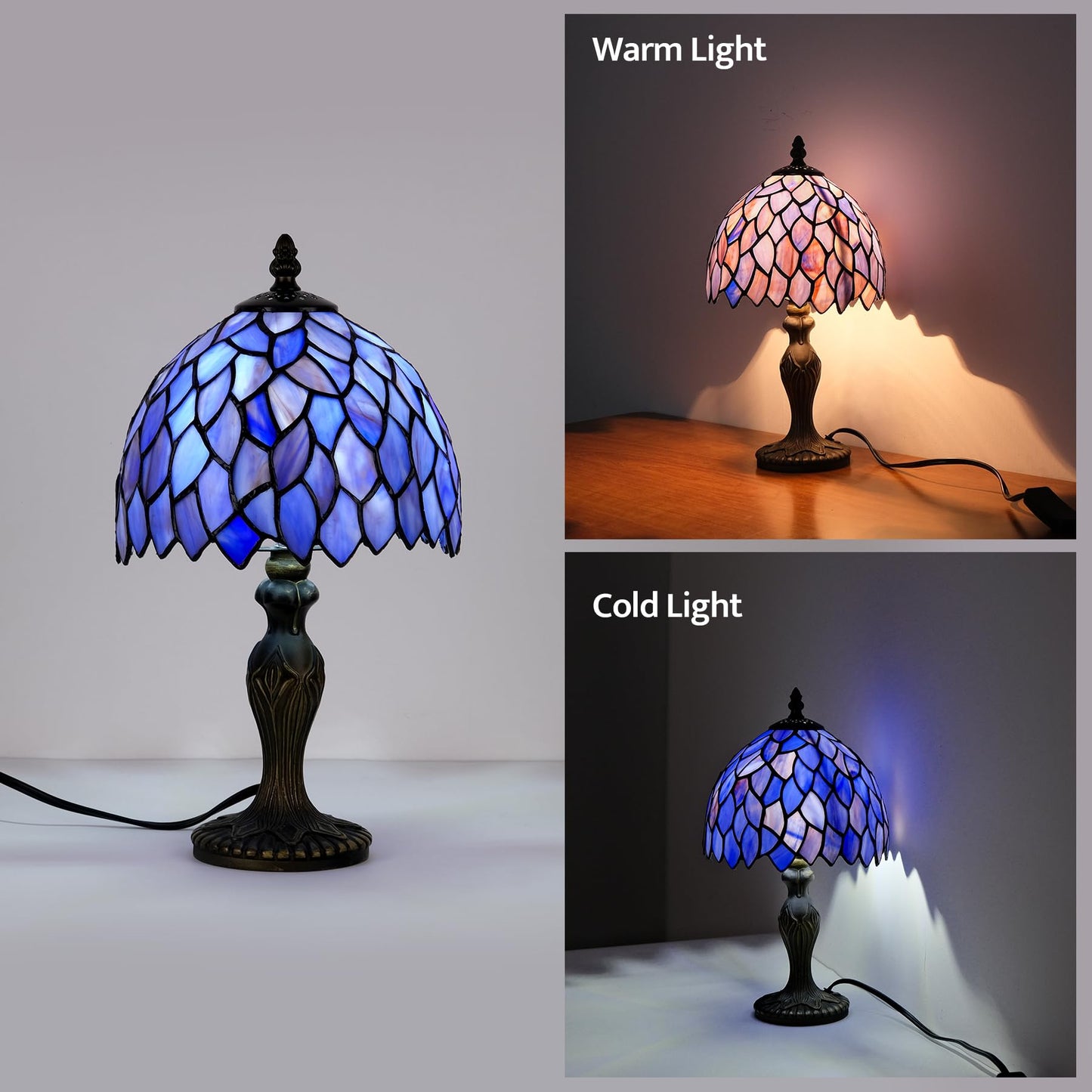 GILGGAK Small Tiffany Stained Glass Table Lamp Wisteria Style Hand-Made Lampshade Nightstand Light for Bedroom Dorm Living Hallway Coffee Table Office Housewarming Gift 8X8X15 (Blue Purple Wisteria)