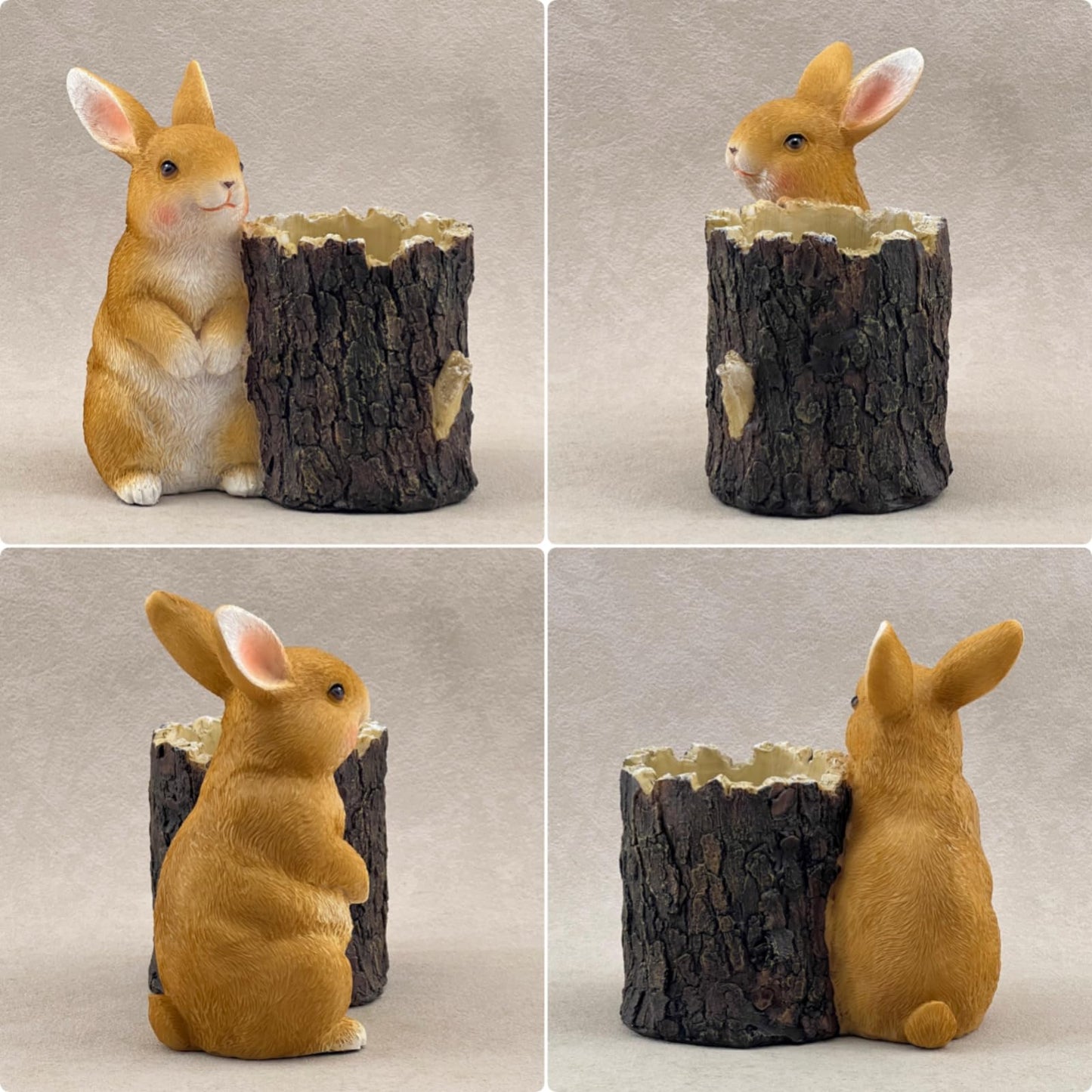 Big Stone Art Resin Rabbit Planter with Tree Stump Statue, Bunny Garden Decor, Animal Figurine Pot (Brown)