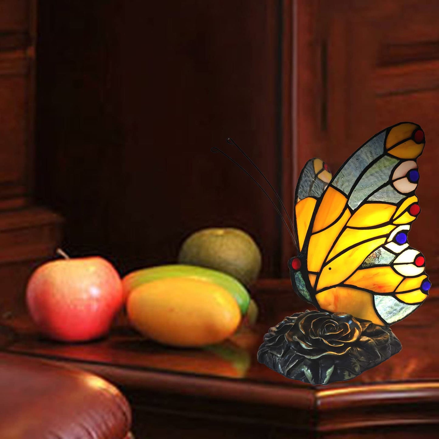 FUMAT Bedside Table Lamp LED Tiffany Table Lamps Yellow Butterfly Stained Glass Shade ON Off Switch Night Light Side Table lamp for Living Room Bedroom Farmhouse Mothers Day Gifts