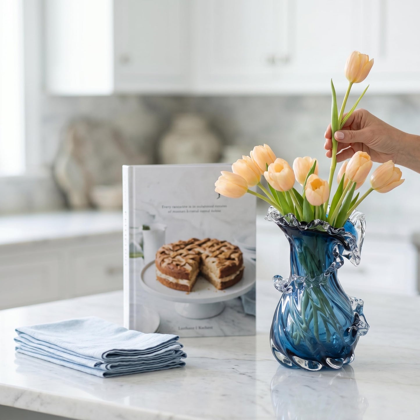 Hand Blown Blue Glass Vase, Wavy Wide Mouth Coastal Flower Vase