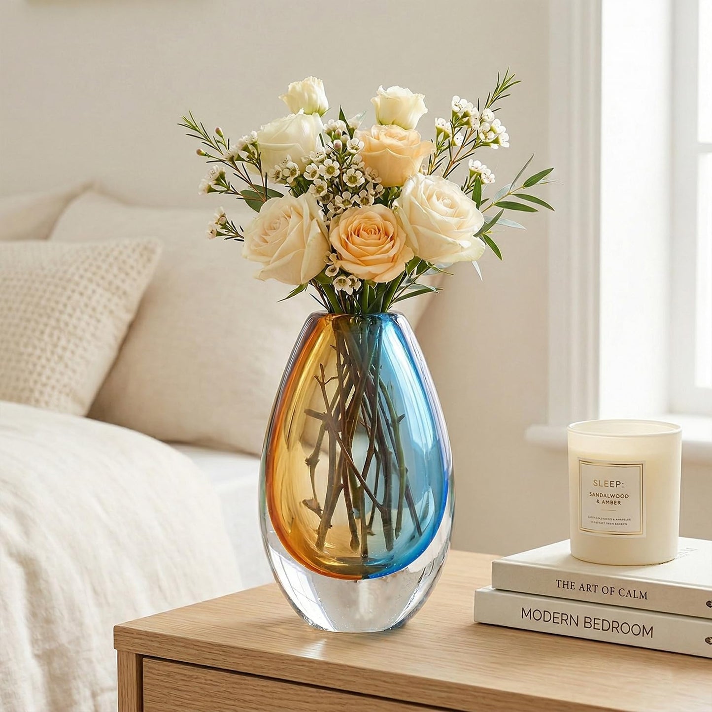 Hand Blown Art Glass Vase, Murano Inspired vase, Amber Blue Decorative Accent with Oval Silhouette for Dining Table, Entryway, Shelf or Mantel Display