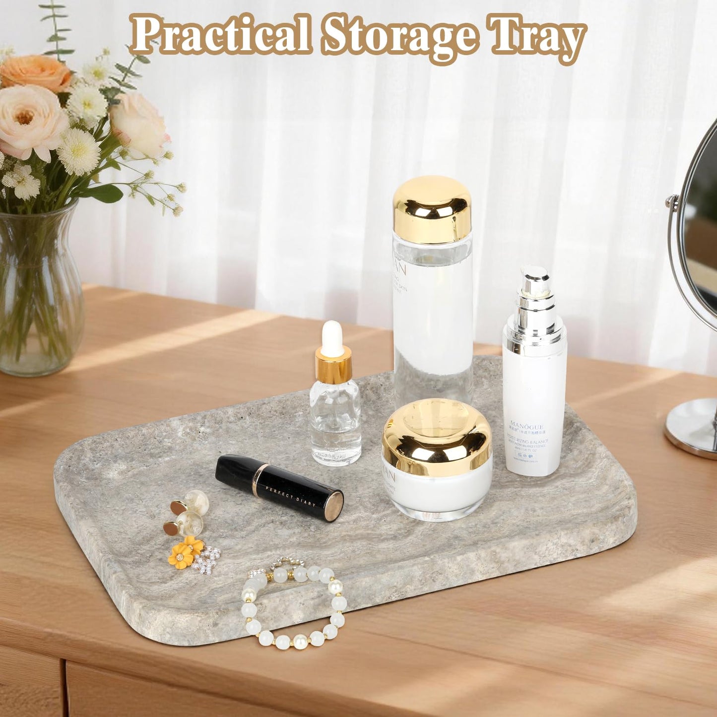 Moujings Natural Travertine Vanity Tray - Decorative Stone Marble Tray for Bathroom Countertop, Elegant Organizer for Home Decor, Jewelry, Candle, Makeup, Kitchen and Dresser Decor