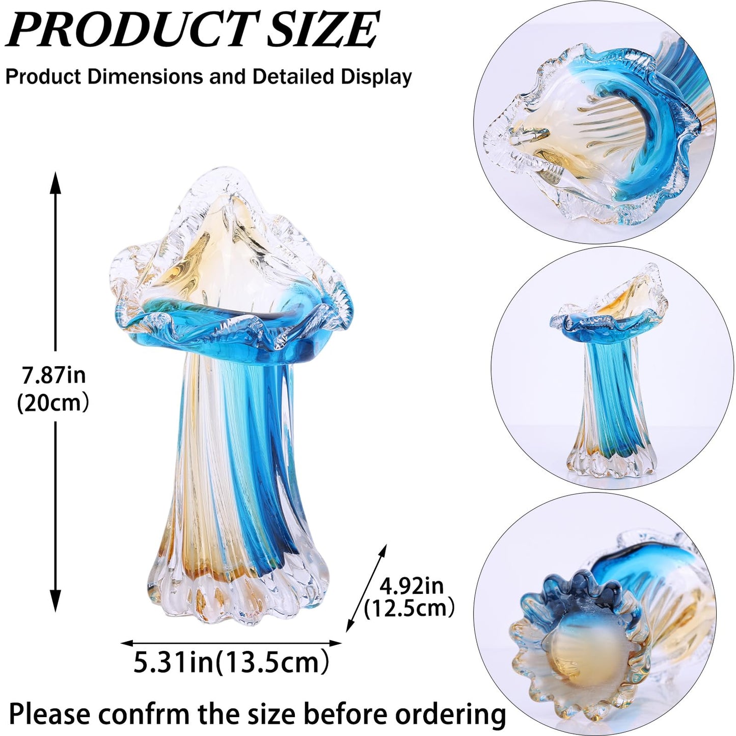 Unique Blue & Gold Hand Blown Art Glass Vase - Blue & Gold Sculptural Flower Vase for Centerpieces, Home Decor & Living Room Table, Centerpieces & Gift