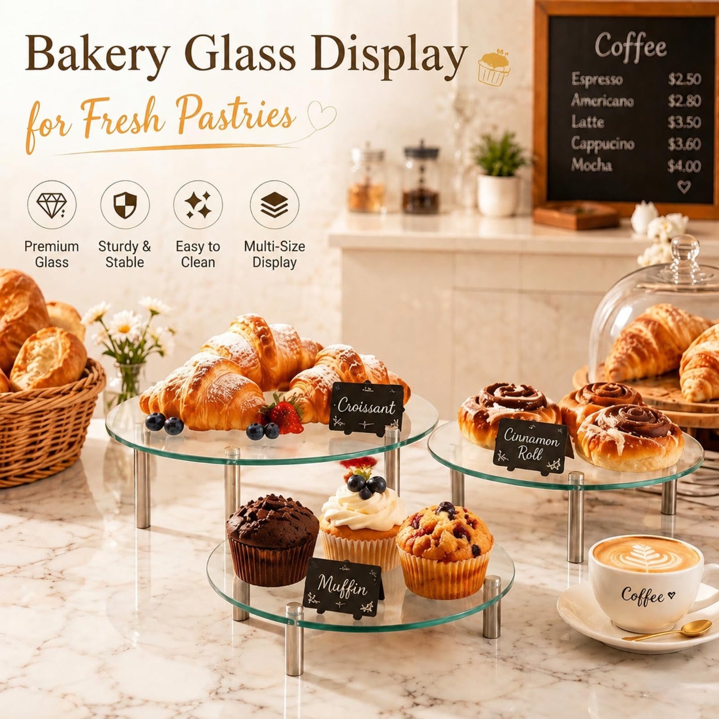 Hacaroa 3 Pcs Tempered Glass Cupcake Stands for Party, 9,11,12.6 Inch Round Food Display Stand Clear Retail Risers for Cakes, Desserts, Pastries, Appetizers