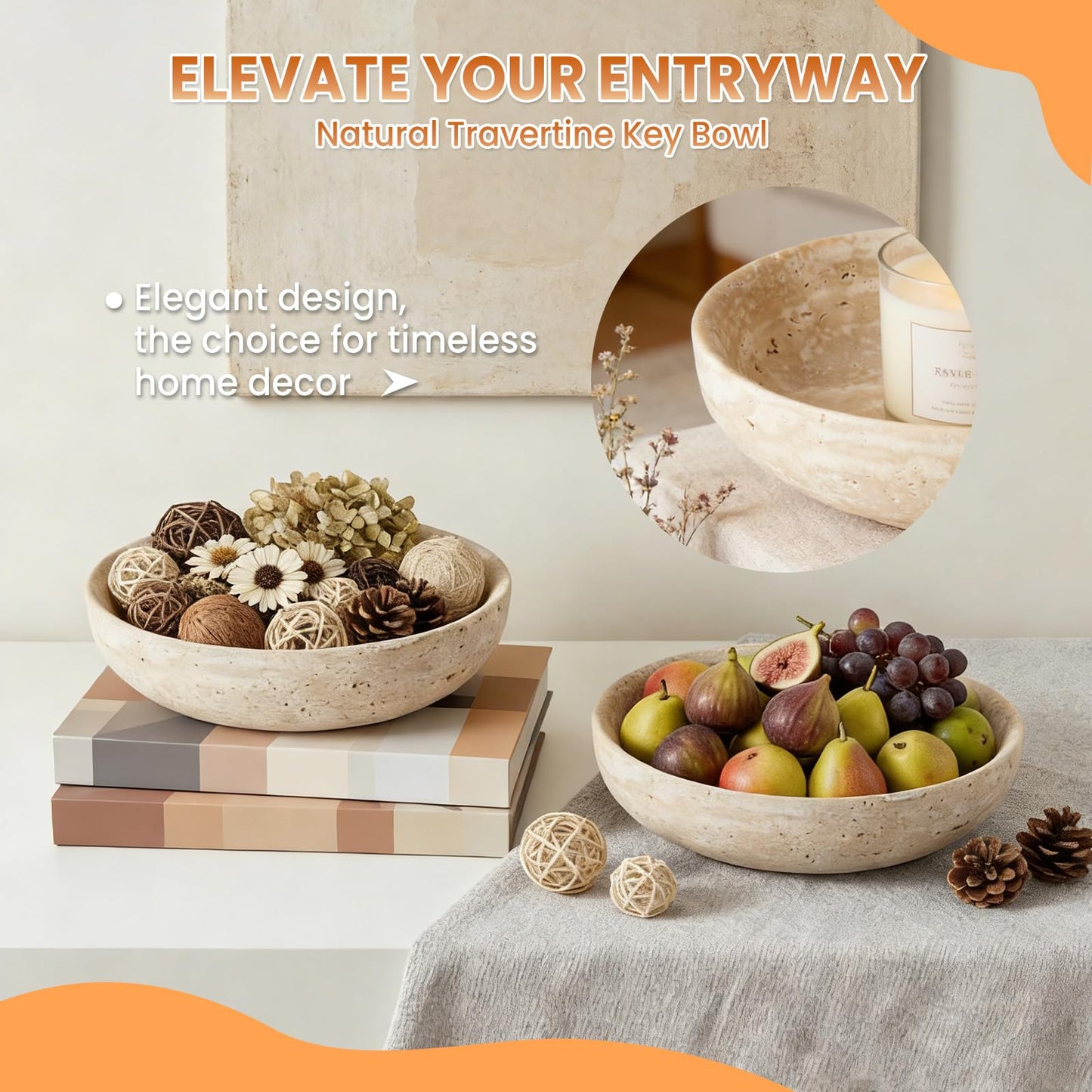 Takywep Natural Travertine Decorative Bowls Modern Centerpiece Bowl for Home Decor Multipurpose Fruit and Key Holder Ideal for Entryway, Coffee Table, Kitchen Counter, Dining Table, Key Bowl