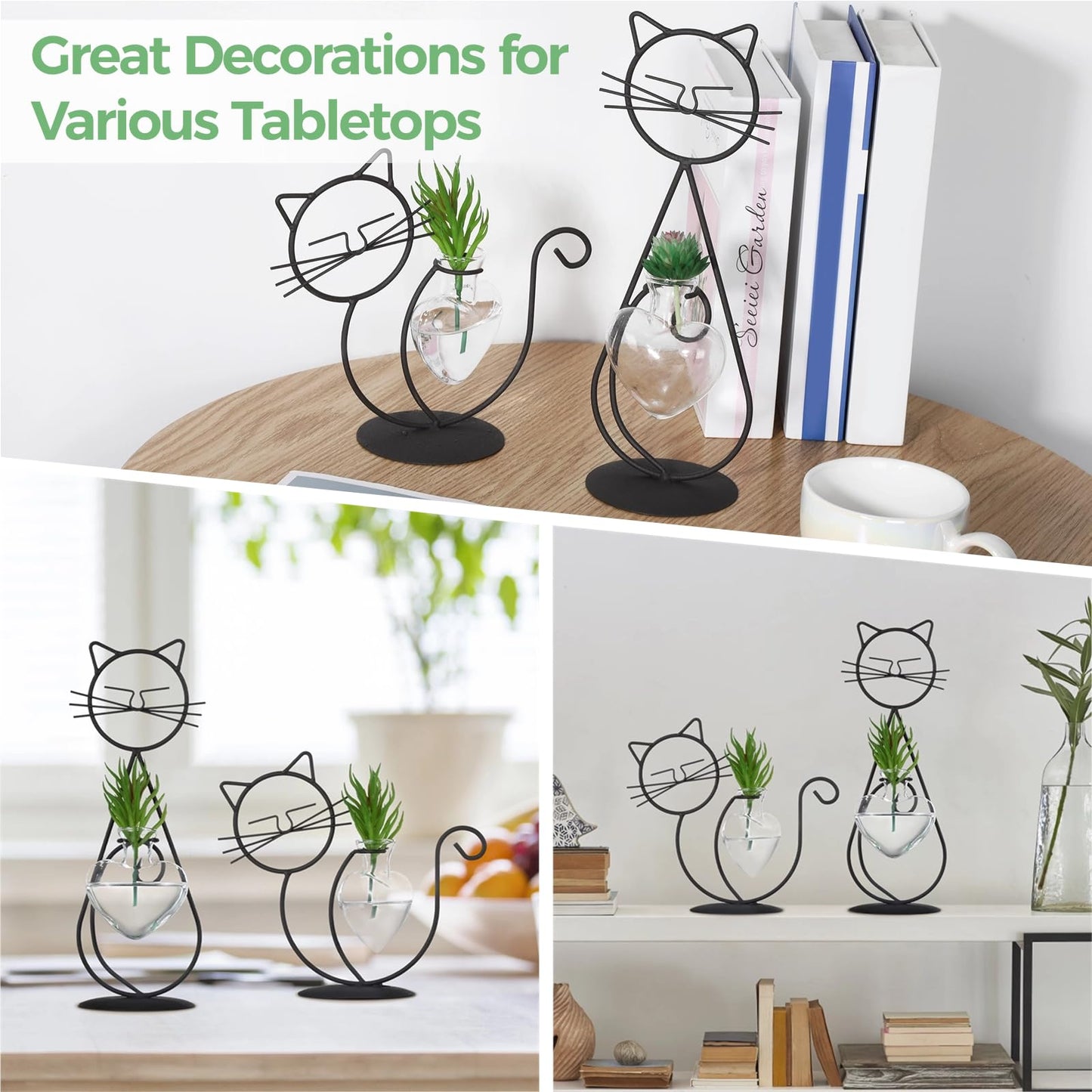 Kitty Vase Propagation Stations, 2 PCS Iron Stands with Glass Terrariums for Indoor Plants, Cute Hydroponic Bulb Planters, Propagated Plant Jars, Propogation Station Vase for Aquatic Plants Ferns