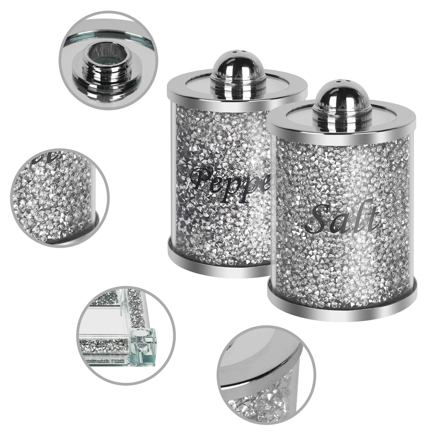 Ulable Crystal Salt and Pepper Shakers with Mirrored Tray, Crystal Crushed Diamond Home Decor, Bling Glass Salt and Pepper Shakers, Sparkly Salt Pepper Glass Jar for Kitchen, Dining Table, Restaurant