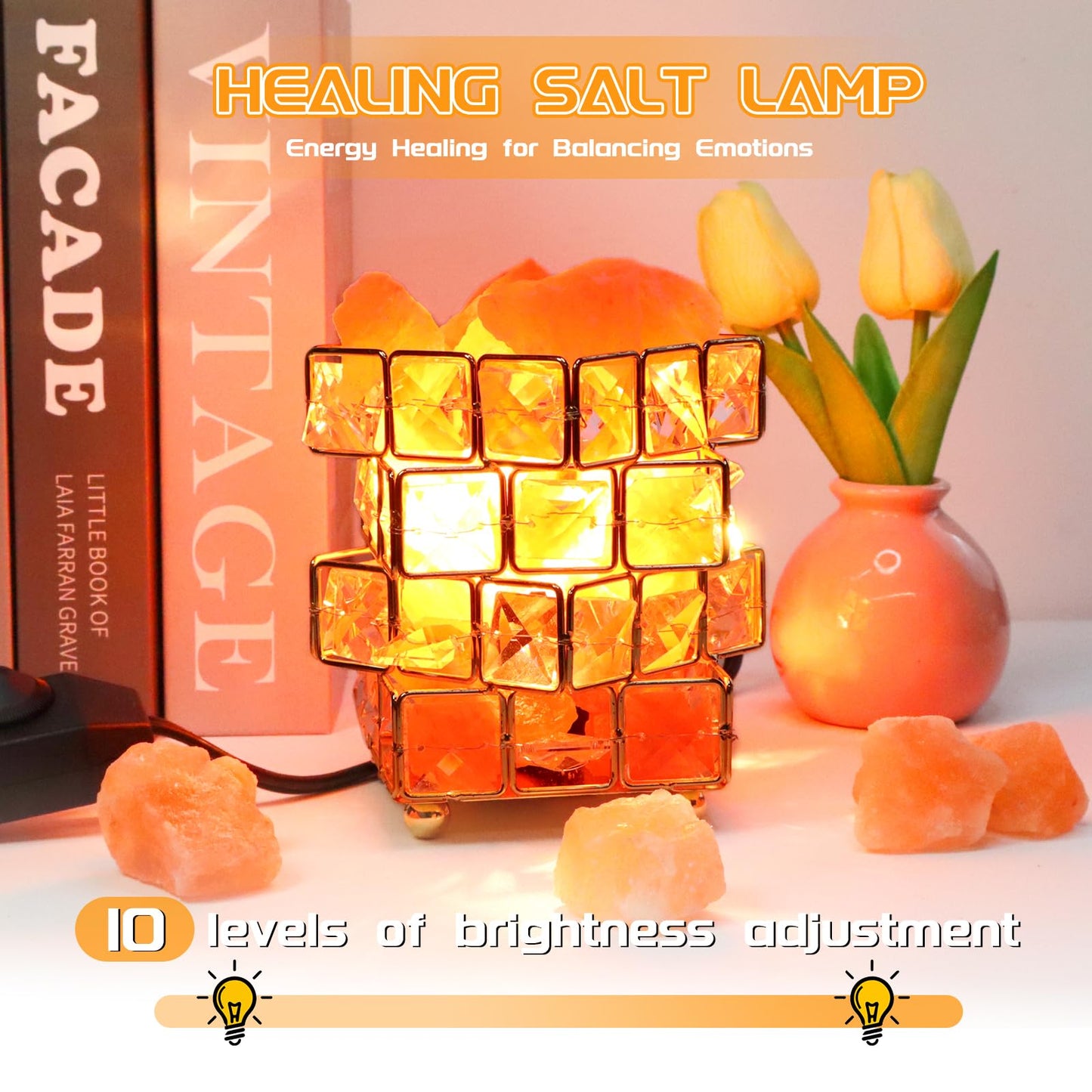 Natural Himalayan Pink Salt Lamp, Dimmable Single Lighting, Plug-in Powered, Crystal Salt Rock Lamp, Glow Night Light for Bedroom Office, UL & ETL Certified Cord (Crystal Cube)