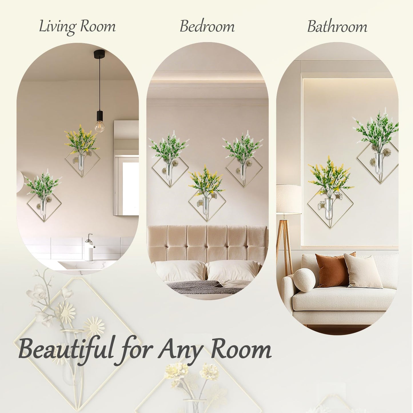 AZY 2 Pack Metal Wall Vase Set – Modern Farmhouse Wall Decor for Living Room, Bathroom & Bedroom, No-Drill Hanging Wall Planters with Artificial Plants, Boho Wall Decor & Minimalist Metal Art