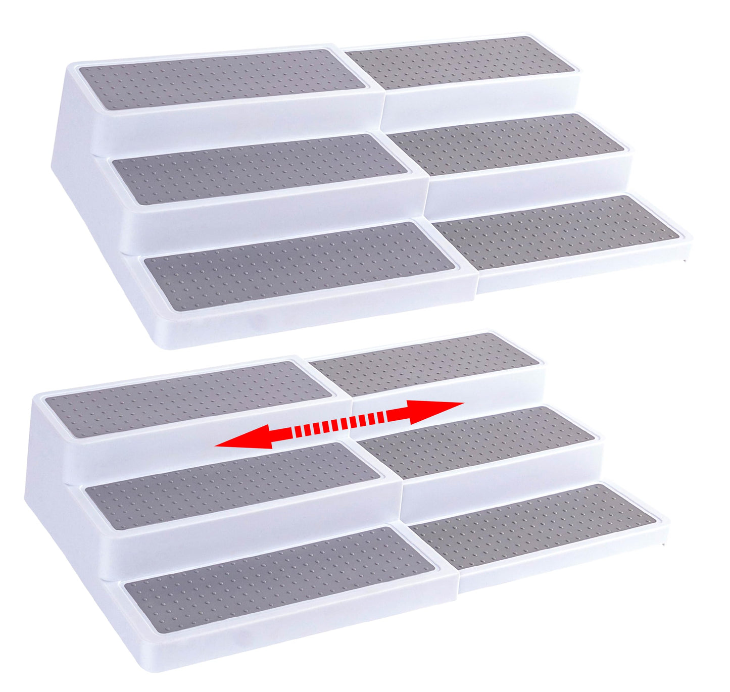 Oizeir Plastic 3-Tier Expandable Spice Rack, Adjustable Length, Stability with Non-Skid Shelf, For Easy Visibility, Organizer for Kitchen Cabinet, Pantry or Countertop, (2-Pack), White/Grey