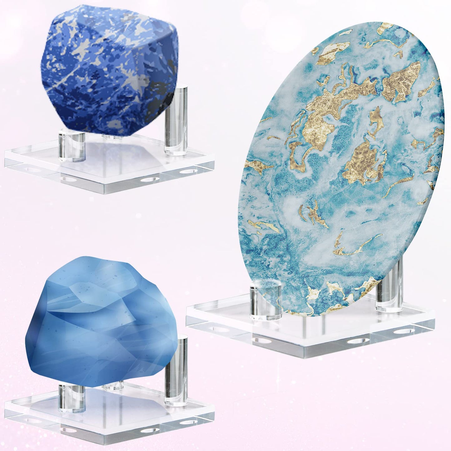 Weysat 8 Pcs Rock Display Stands Geode and Mineral Display Stands 3 Peg Acrylic Crystal Easel Holder for Agate Fossil Coral Small Collectibles(2.5 x 2.5 x 0.3 Inch)