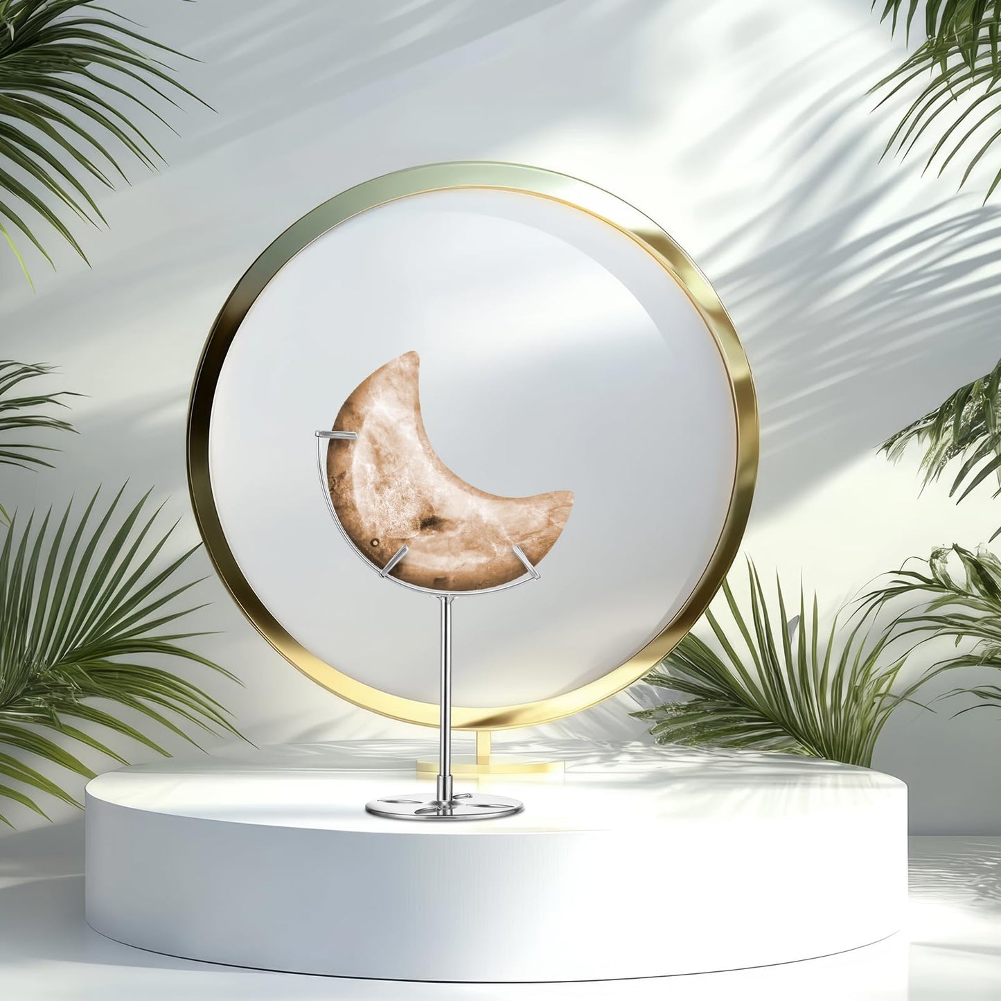 Moxweyeni 2 Pcs Crystal Moon Stand Adjustable Metal Crystal Display Holder Moon Shaped Small Display Easel Stands for Gemstones Geodes Mineral Agate Home Office Decor