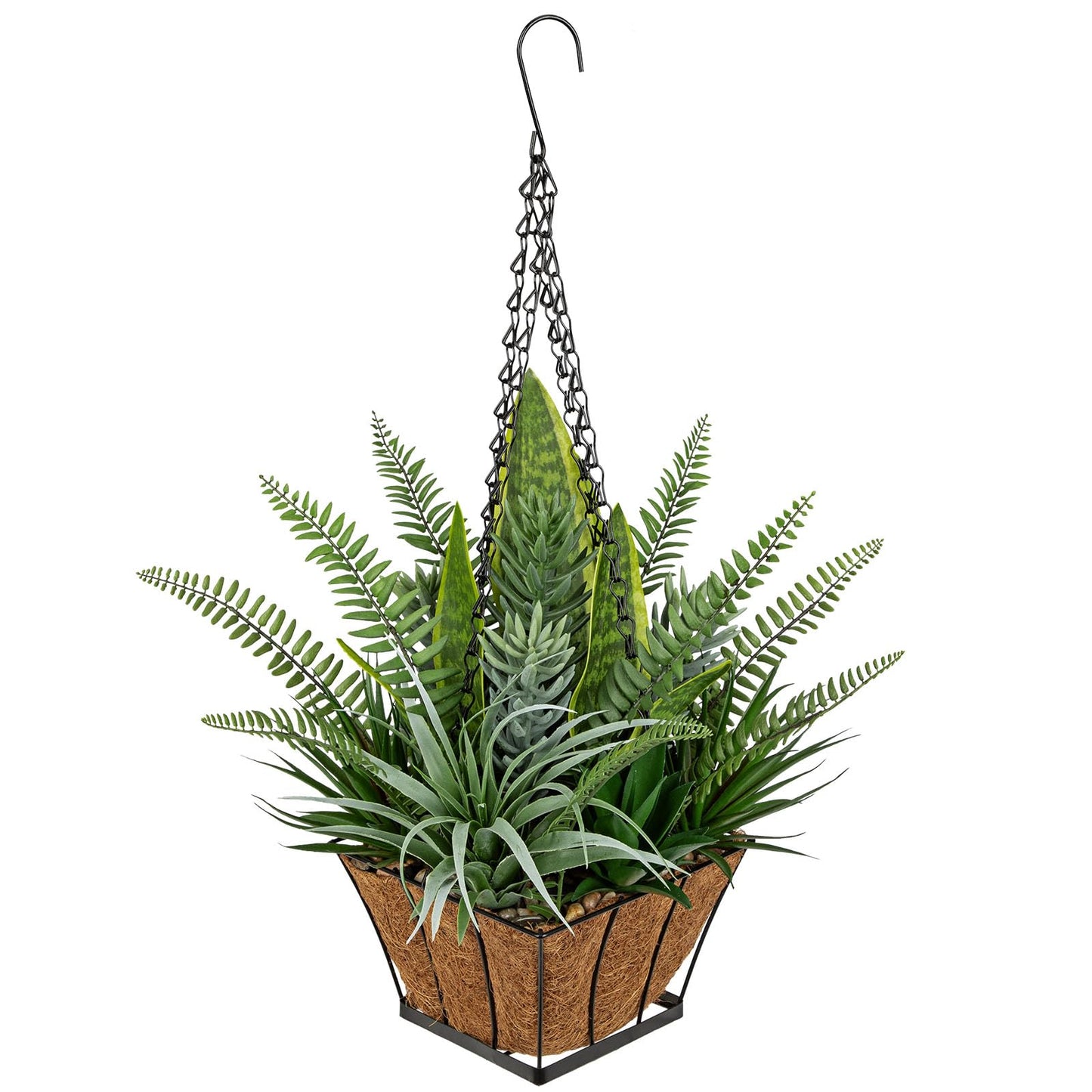 DILATATA Artificial Hanging Plants Basket, Faux Snake Plants Fern Succulent Mix with Coconut Fiber Liner, Fake Hanging Plant with Chain Hook for Indoor Outdoor Porch Patio Balcony Home Décor
