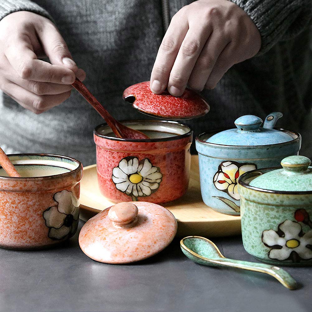 VanEnjoy Retro Hand Painted Flower Ceramic Round Sugar Spice Containers Porcelain Jar with Spoon Round Condiment (blue)