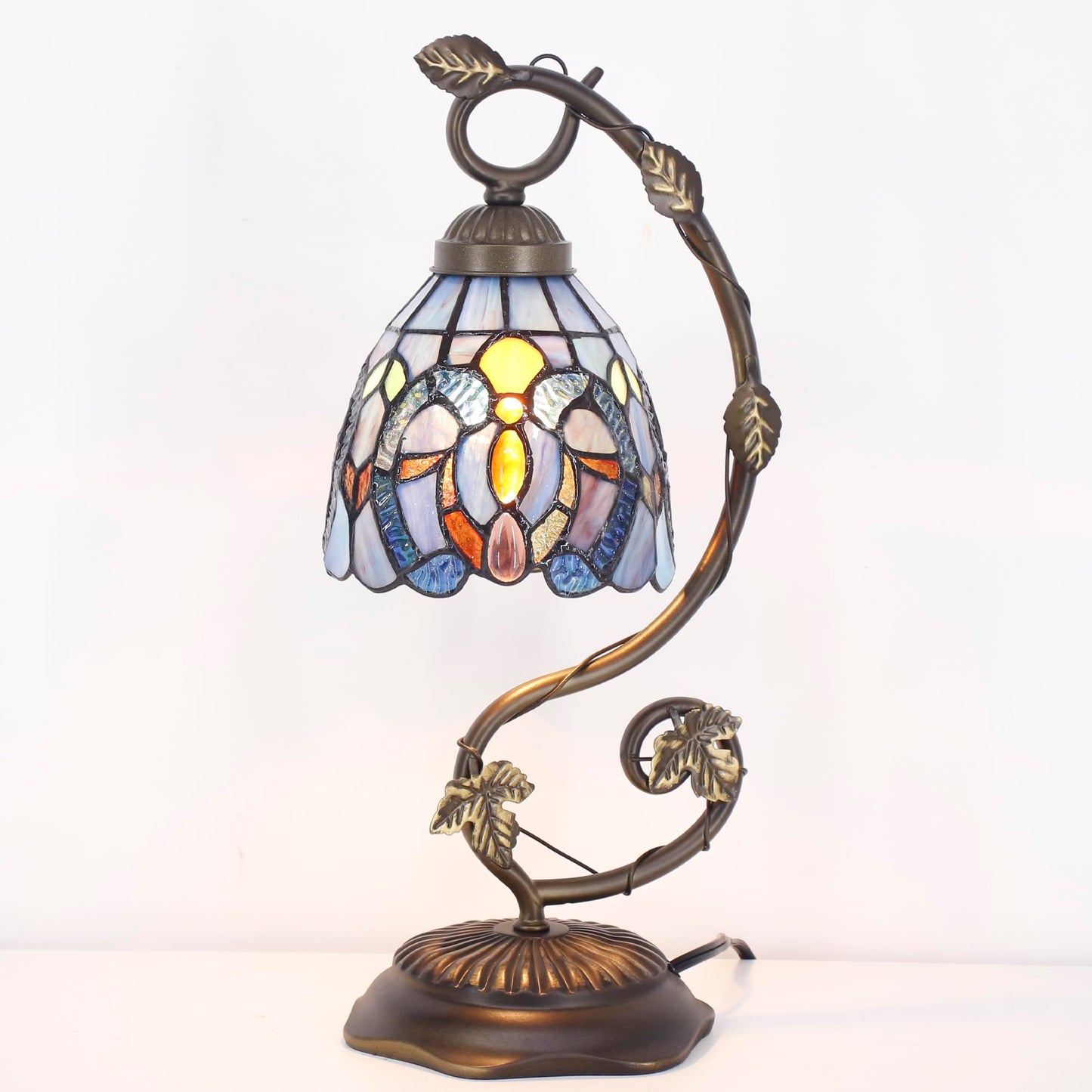 ANYONGLU Tiffany Stained Glass Reading Desk lamp Blue Purple Accent Style Bedside Metal Leaf Base 6X8X17 inch Bedroom Home Office Decoration