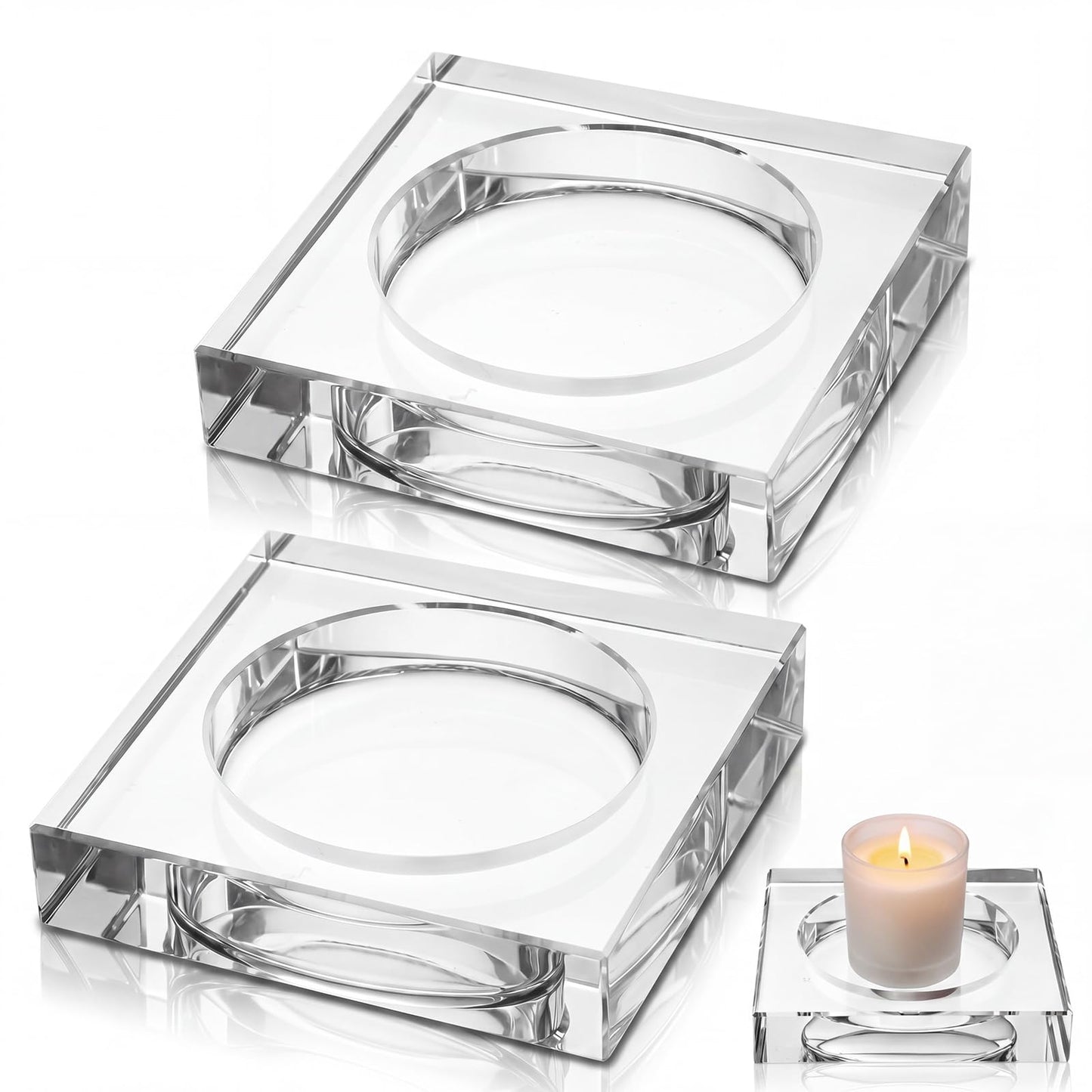 Mumufy 2 Pack Crystal Candle Dish 5.9 x 5.9 x 1.2 Inch Clear Round Cutout Candles Dish Holder Diffuser Smooth Tray Candle Plates for Home Dinning Wedding Party Decor Table Centerpiece(Clear)