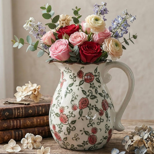 SJIE Vintage Ceramic Vase - 8.2 Inch Hand-Painted Roses with Ice Crackle Glaze Finish, American Farmhouse Style Pitcher Vase for Home Decor, Centerpiece, Shelf, Table, Office, Rustic Wedding Gift