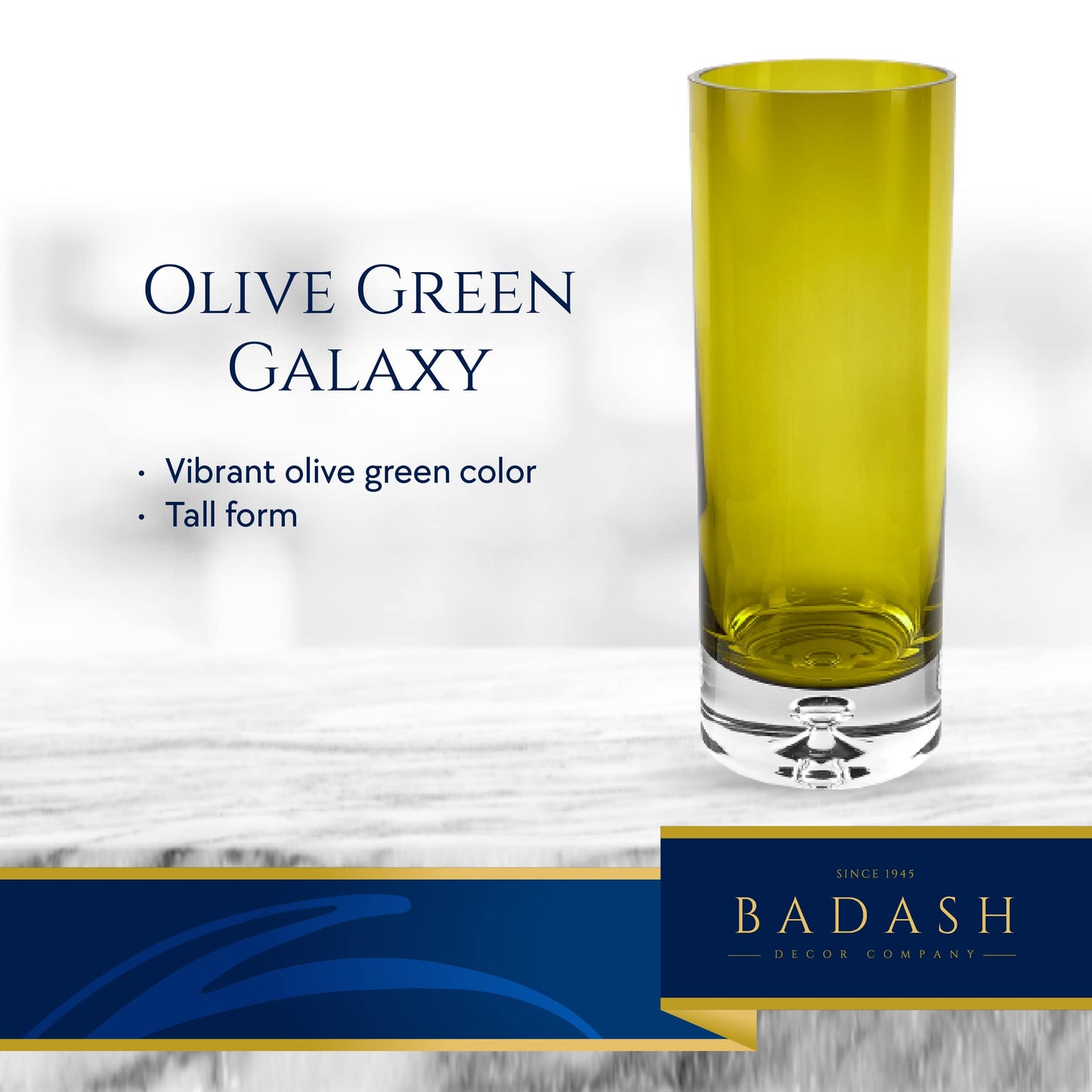 Badash Galaxy Olive Green Glass Vase - Glass Cylinder Vases for Centerpieces - European Glass Vases for Flowers - 12” Mouth-Blown Glass Vase