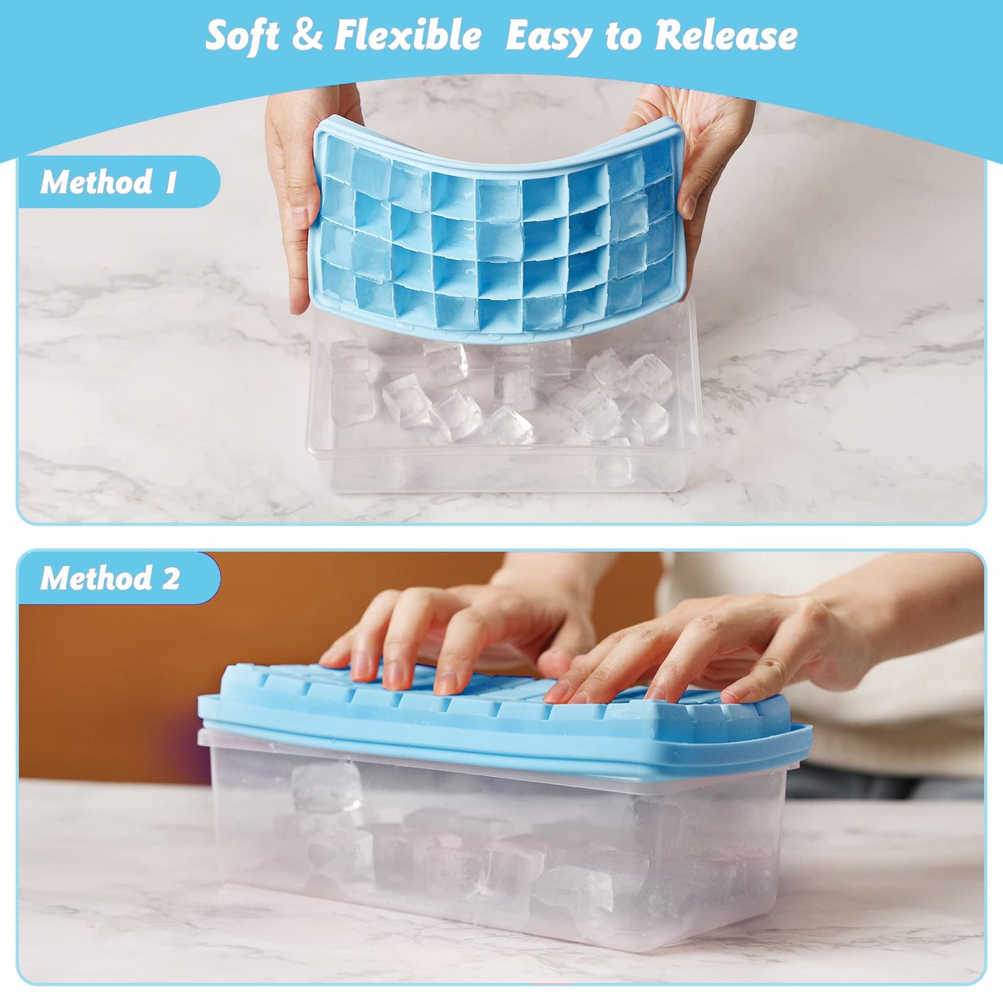 Food-grade Silicone Ice Cube Tray with Lid and Storage Bin for Freezer, Easy-Release 2 * 36 Small Nugget Ice Trays 1 ice Bucket & Scoop, Flexible Ice Cube Molds with Ice Container