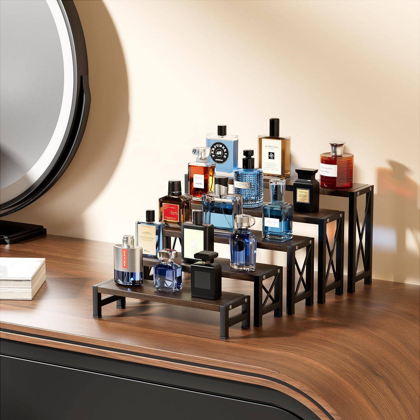 YOOMONA Stackable Wooden Cologne Organizer for Men, 5-Tier Tray Risers Display Makeup Perfume Organizer for Women, Wood Cupcake Stand, Buffet Shelf, Dessert Food Risers, Figure Collectible Stand