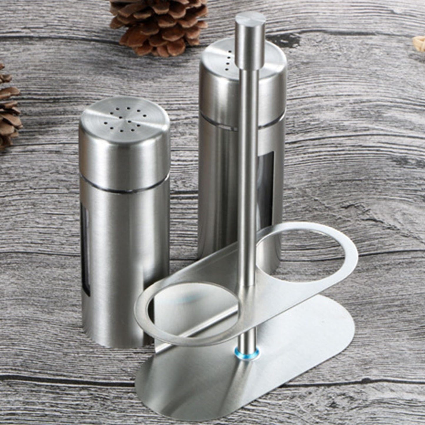 Salt and Pepper Shakers Set, Stainless Steel Seasoning Bottle with Holder, Refillable Salt Pepper Dispenser Spice Containers for Home Kitchen Countertop, BBQ, Bar, RV, Camp (L)
