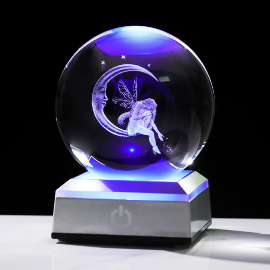 Ornalrist Crystal Ball 3D Engraved Fairy & Moon Gifts for Daughter Wife Glass Sphere with LED Colorful Base 3.15‘’ Gifts Ideas on Birthday Christmas for Women Fairy Lover Home Decor Figurine