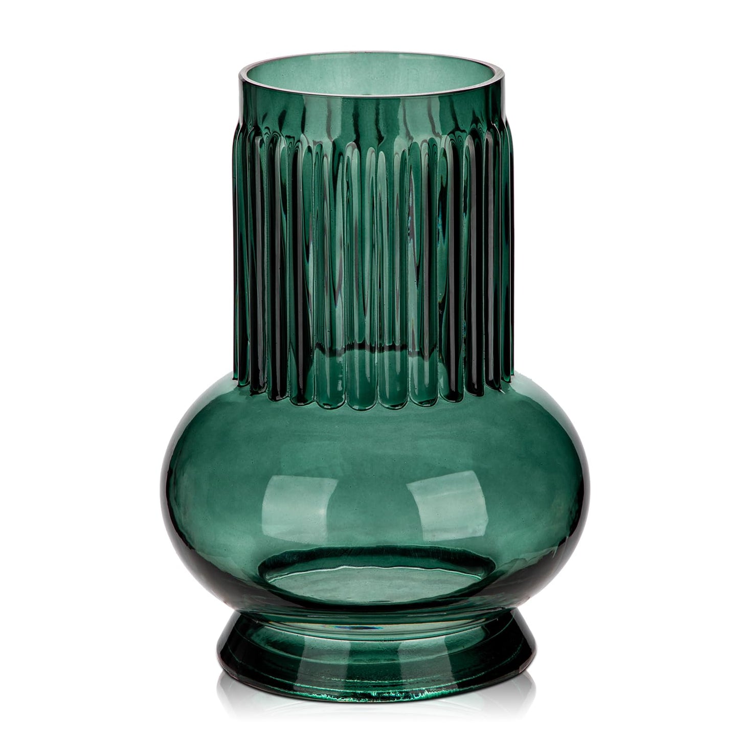 Blue Green Large Glass Vase for Flowers, 7" H x 3.5"/4.7" W Ribbed Vase Modern Wide Mouth Vase Flower Vases Decorative Glass Vases for Centerpieces Mantel Shelf Table Home Decor