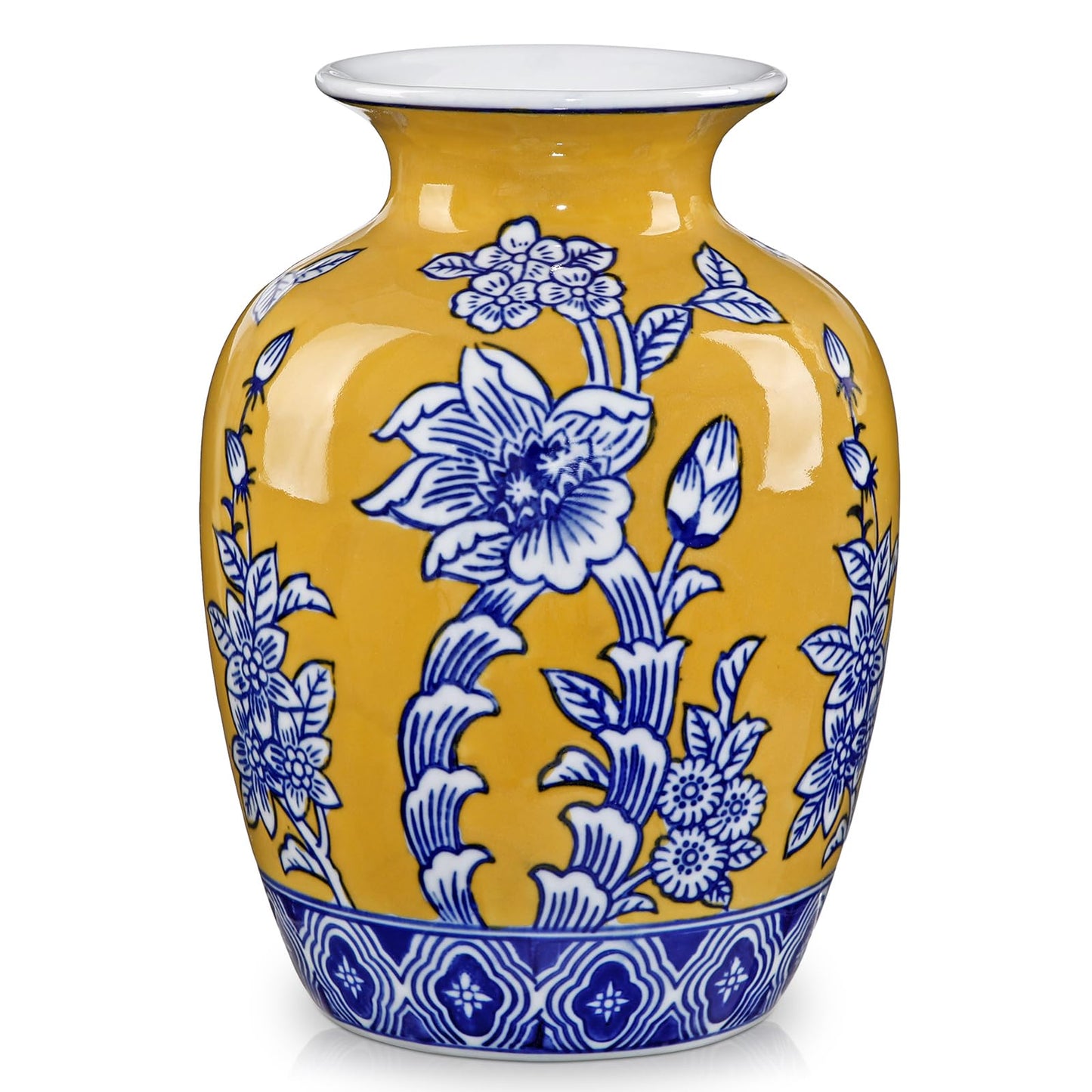 Blue and Yellow Ceramic Vase, 8.4" Tall Chinoiserie Flower Vase Decor with Wide Mouth, Royal-Inspired Decorative Porcelain Vases for Centerpieces, Table, Shelf & Home Decor, Wedding, Housewarming Gift