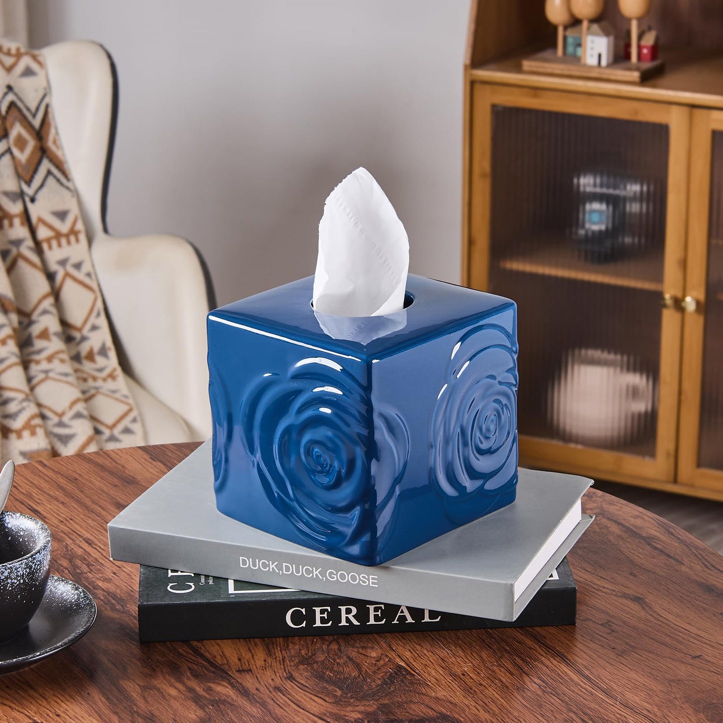 Deep Blue Ceramic Cube Tissue Box Cover with Rose – Large Elegant Rose Floral Square Decorative Tissue Box Holder for Bathroom, Bedroom, Office Desk, Kitchen Counter – Perfect Housewarming Gift