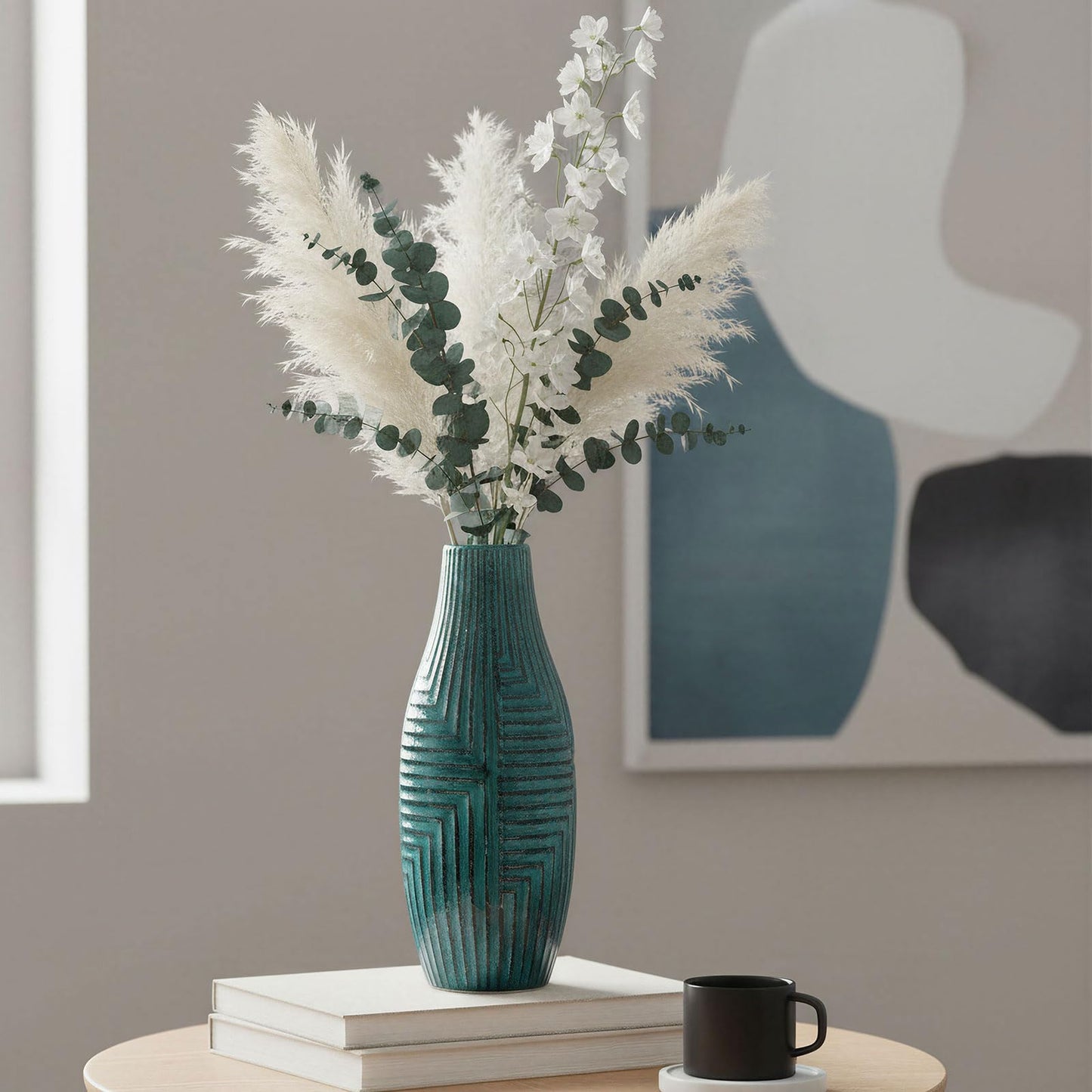 hjn Teal Hand-Glazed Ceramic Vase - 13.8" H Modern Decorative Centerpiece Vase for Fresh/Dried Flowers, Home Decor for Living Room Bookshelf Mantel | Wedding Housewarming Gift