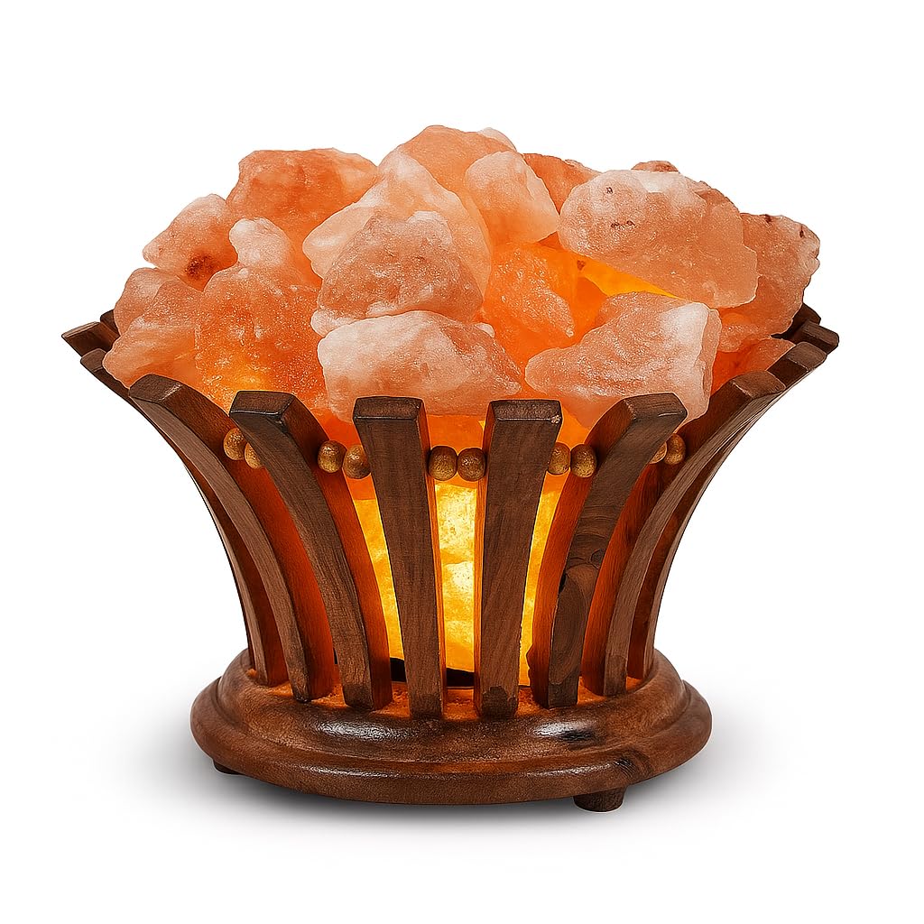 Himalayan Salt Lamp Basket – Salt Lamp with Wooden Bowl – Authentic Himalayan Crystal Night Light – Natural Pink Rock for Bedroom, Living Room, Office and Decor Gift