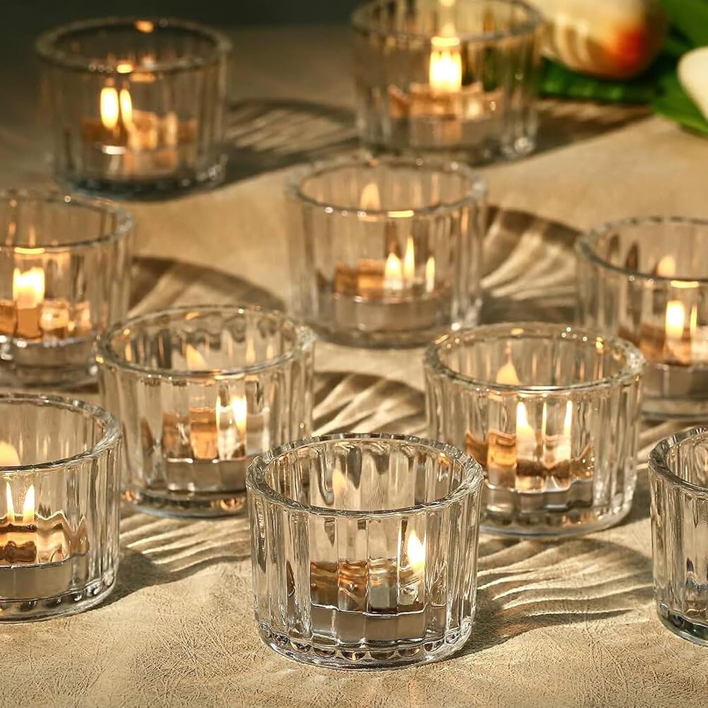 Filltown Clear Tea Light Candle Holders Set of 12, 5cm x 3.5cm Glass Tea Light Holders for Table Centerpiece, Mini Votive Candle Holders for Weddings, Birthday Parties, Home Decor, Table Decor