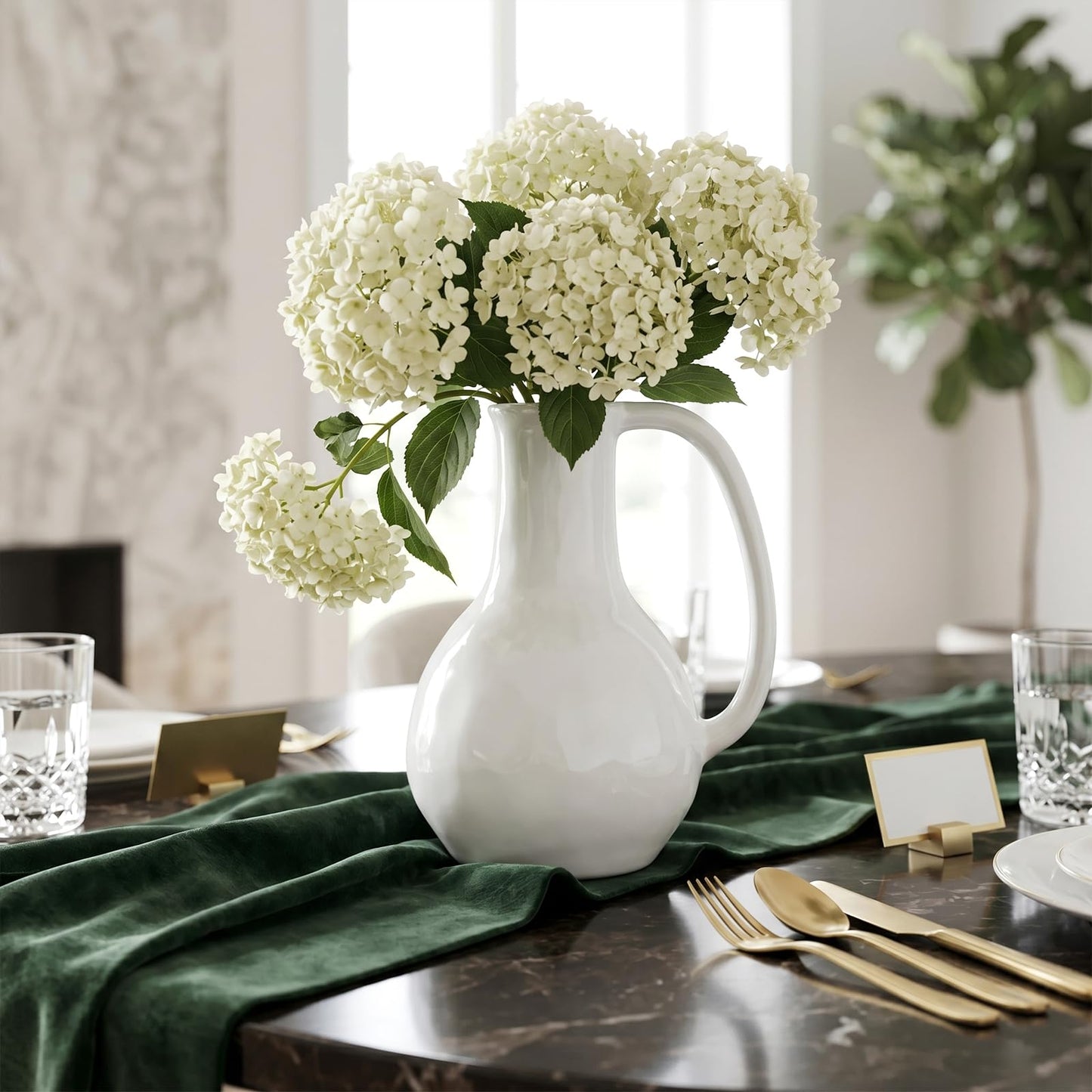 GarDream White Ceramic Vase with Handle, 8.5 Inch Modern Farmhouse Pitcher Vase for Flowers, Rustic Ceramic Jug Flower Vase, Decorative Boho Home Decor for Living Room Mantel Table Centerpiece Office