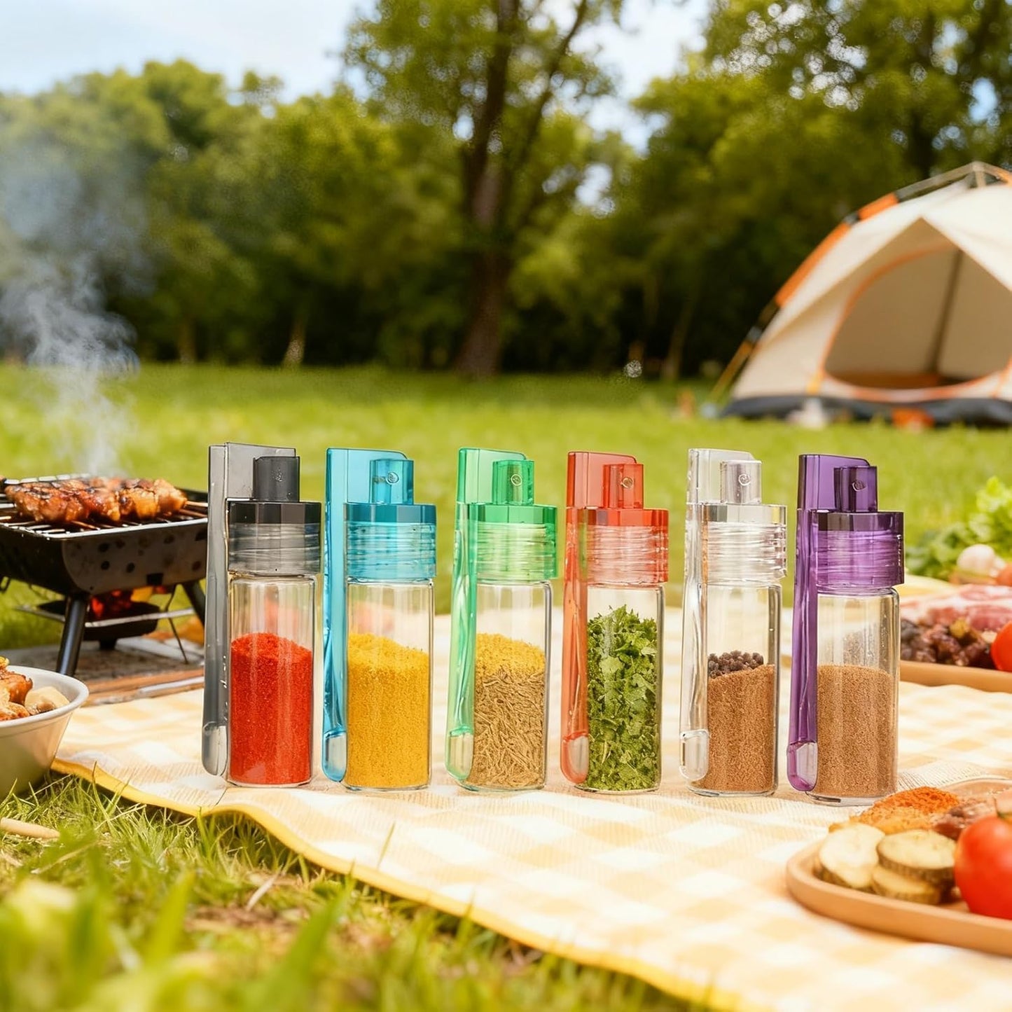 6 PCS Mini Spice Containers with Spoon, Portable Leak Proof Airtight Seasoning Set for Camping, Backpacking, BBQ, RV, Kitchen and Outdoor Cooking (12-Piece Set)