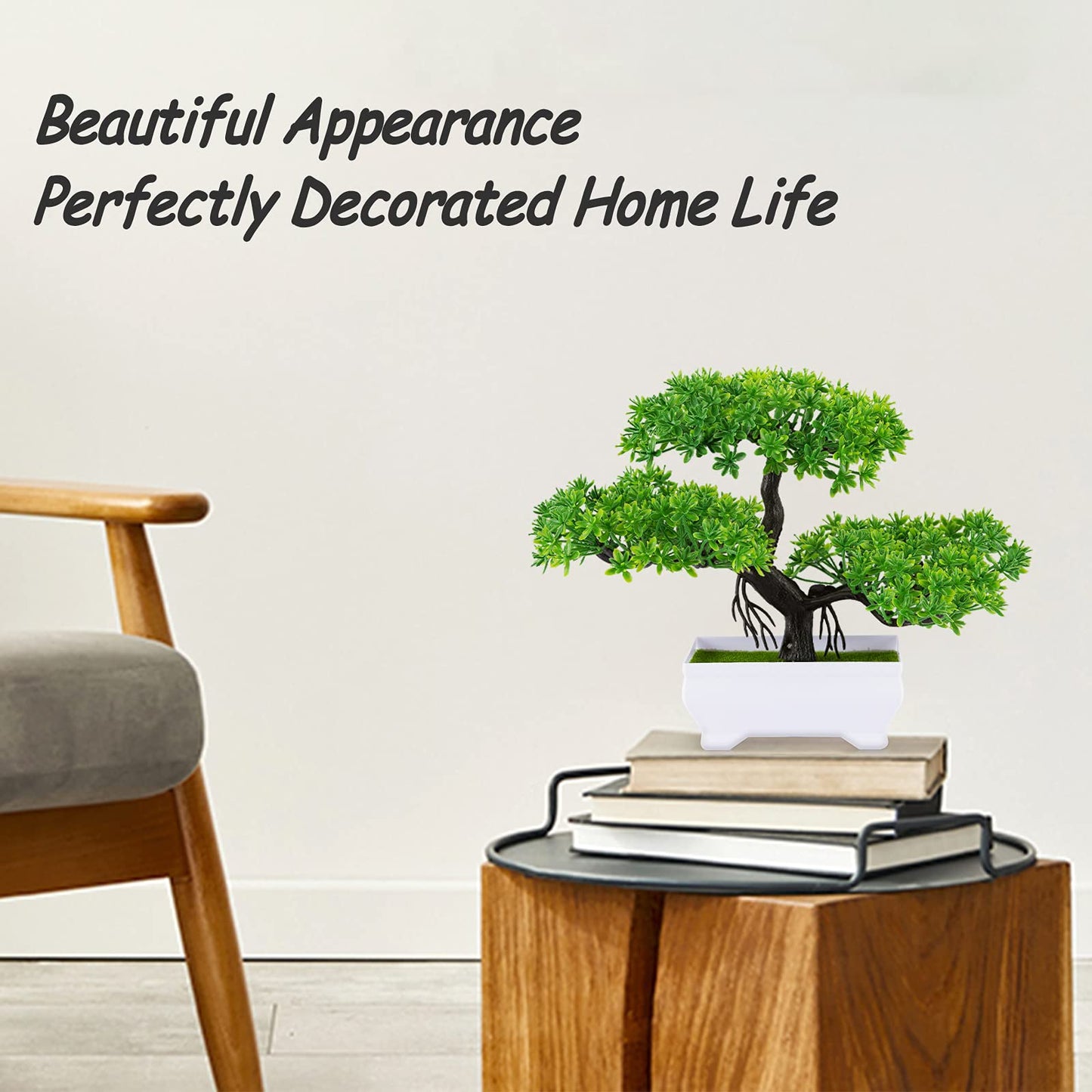 Frjjthchy Mini Artificial Bonsai Tree Plants with Plastic Cement Pots for Home Office Décor (Green)