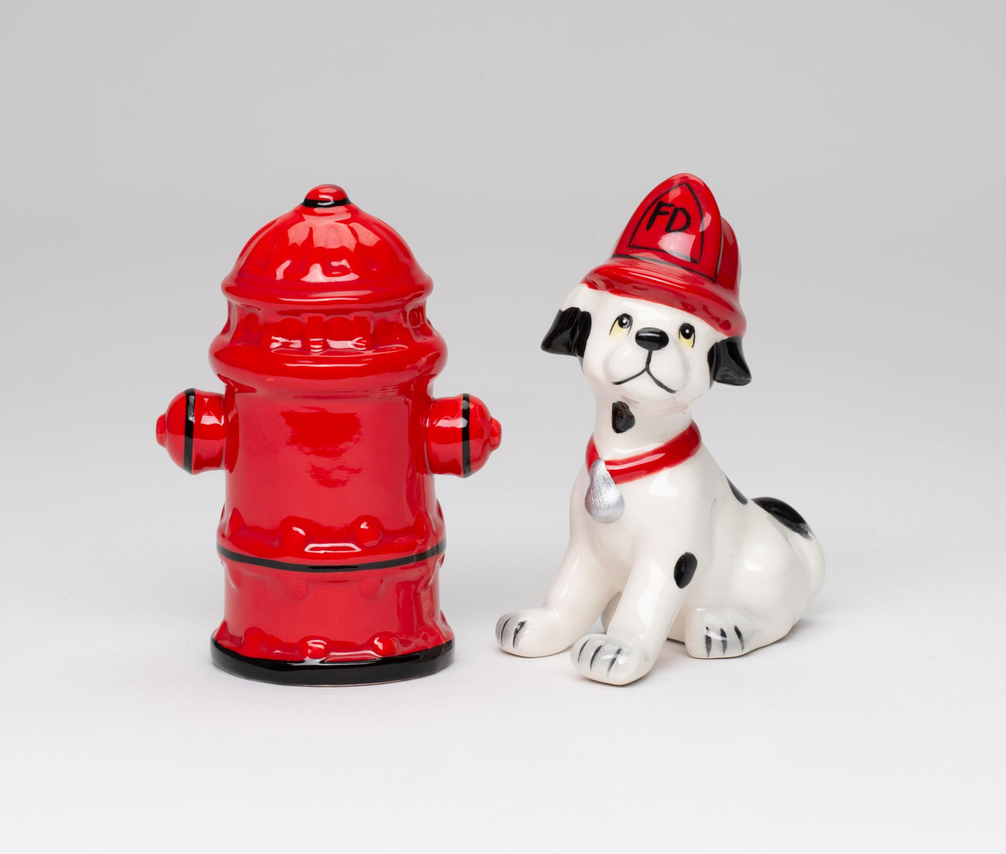 Cosmos Gifts 50158 Fine Ceramic Red Fire Hydrant and Dalmatian Firefighter Puppy Dog Salt and Pepper Shakers, 4" H