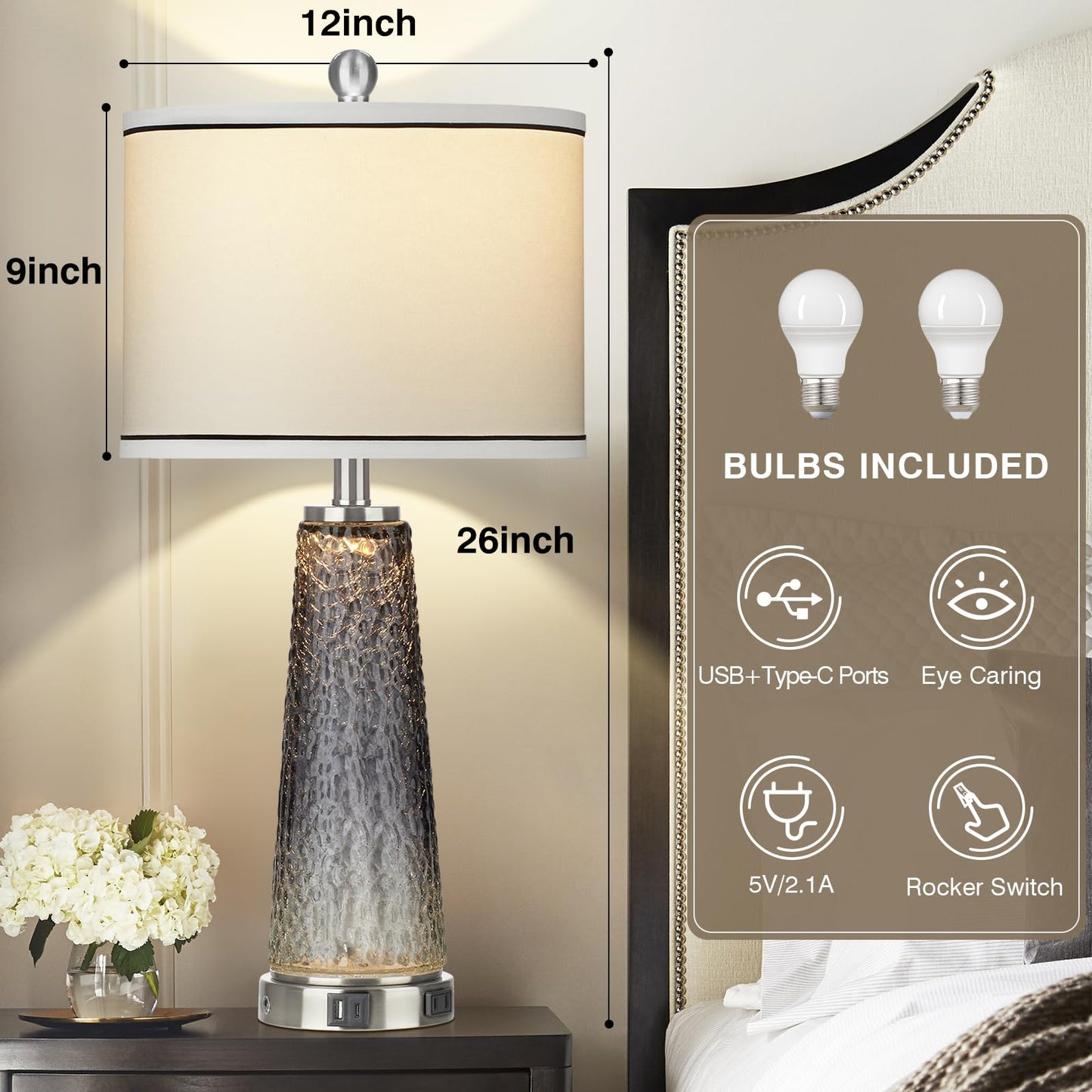 Glass Table Lamp Set of 2, 26" Modern Table Lamps with USB A+C Ports & AC Outlet, Touch Control Bedside Nightstand Lamp with LED Night Light for Living Room Bedroom Home Decor Black(4 Bulbs Included)