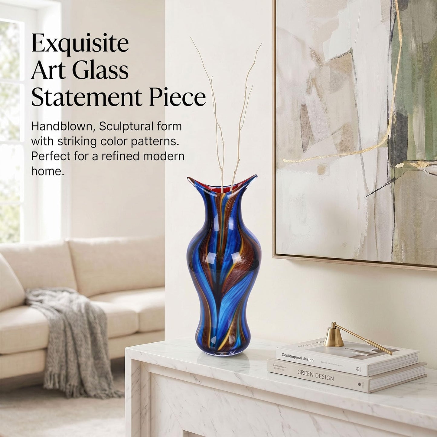 Hand Blown Glass Vase for Flowers, Modern Glass Vases Home Decor, Sculptural Decorative Centerpiece for Table, Living Room, Shelf or Entryway Display Use