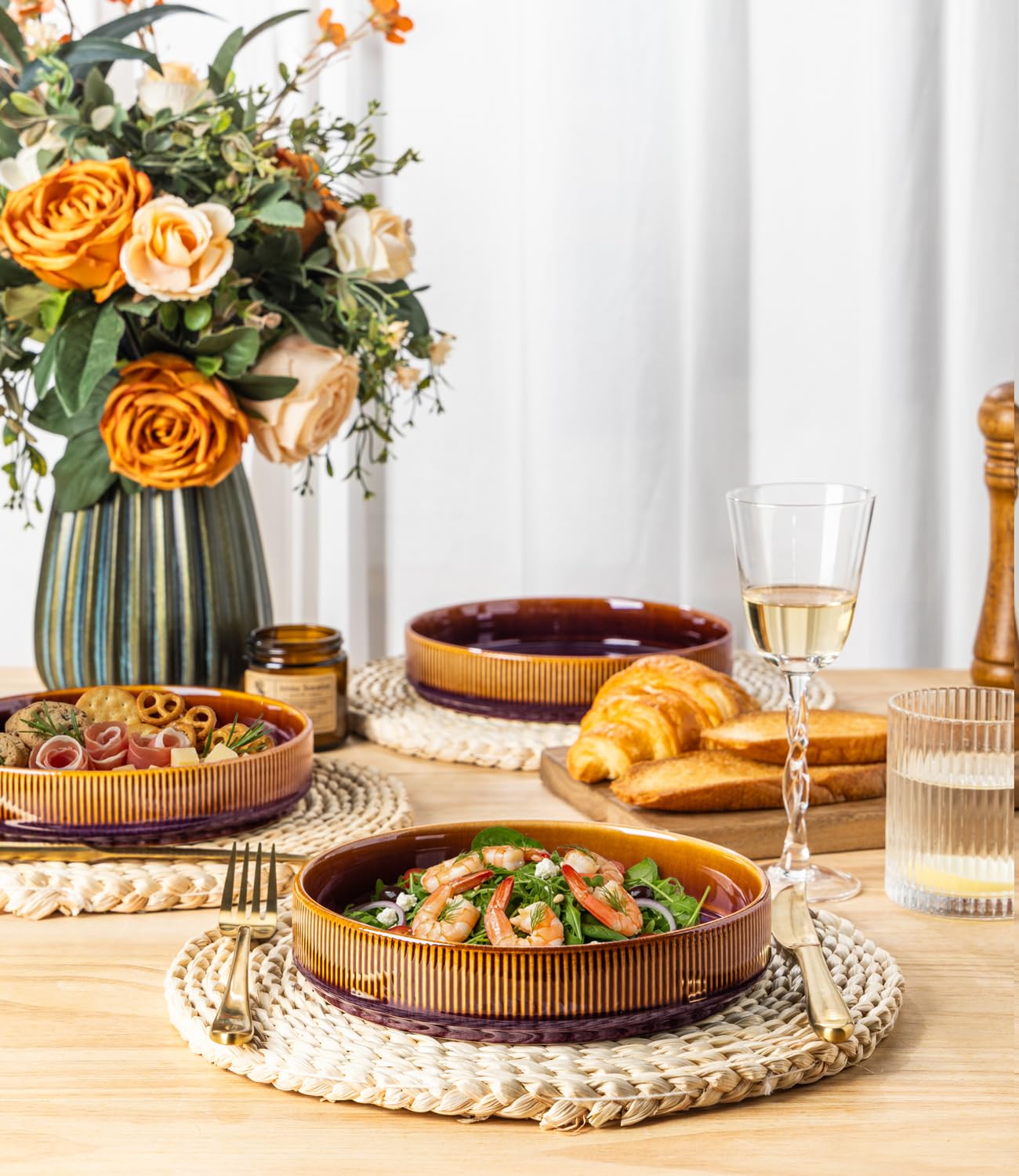 theterra 7.5'' Ceramic Pasta Bowls, Salad Bowls Set of 4, Stoneware Serving Bowls for Fruits, Noodle, Dinner, House-warming Wedding Present, Amber Amethyst