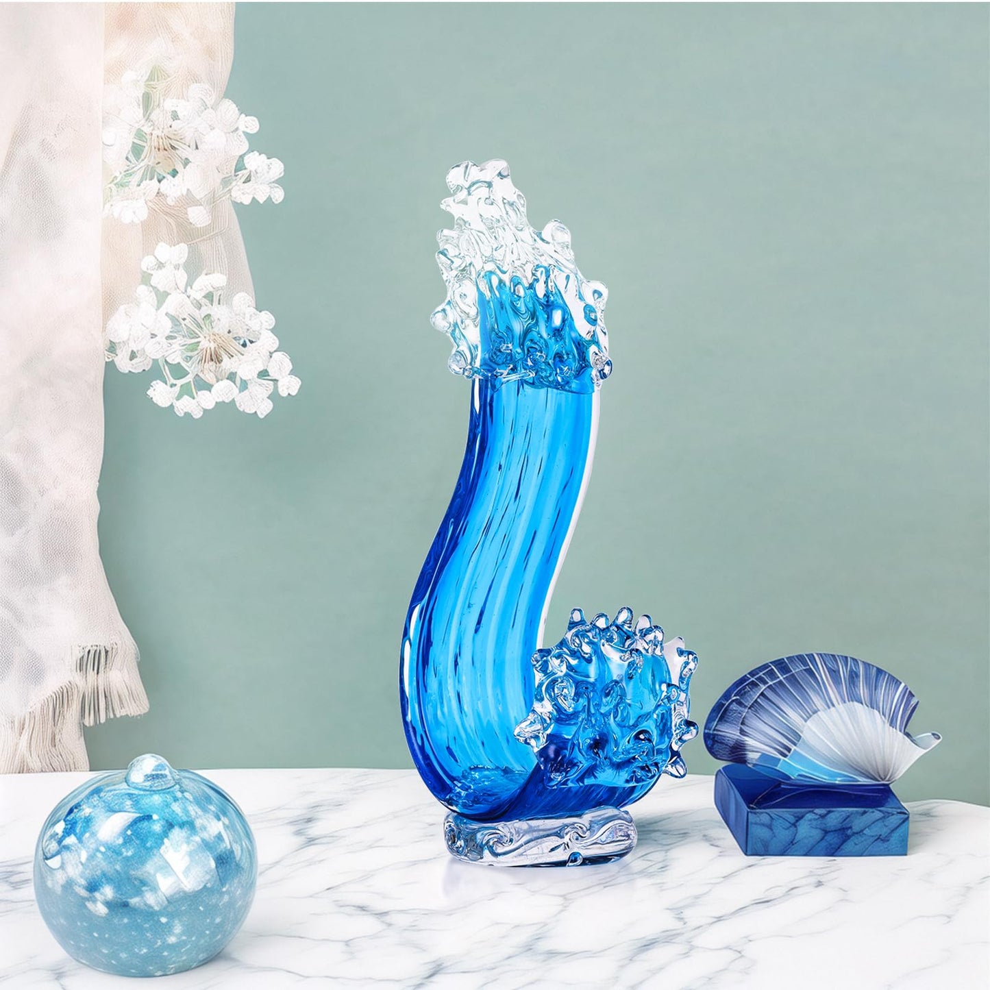 JexaTrek Blue Glass Sculpture Home Decor, Hand Blown Glass Art Statue, Glass Ocean Waves Home Living Room Decorations for Office Bookshelf Coffee Table Room Console Decor Accents.